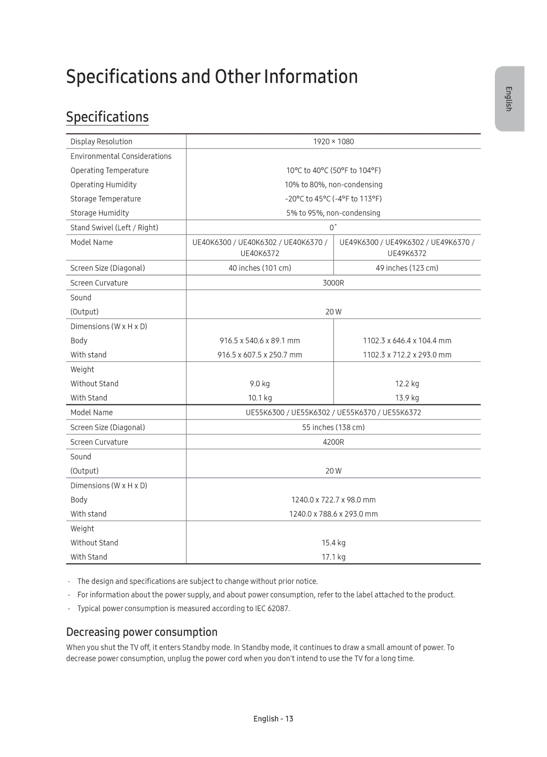 Samsung UE49K6370SSXXN, UE40K6370SSXXH, UE55K6300AWXXH Specifications and Other Information, Decreasing power consumption 