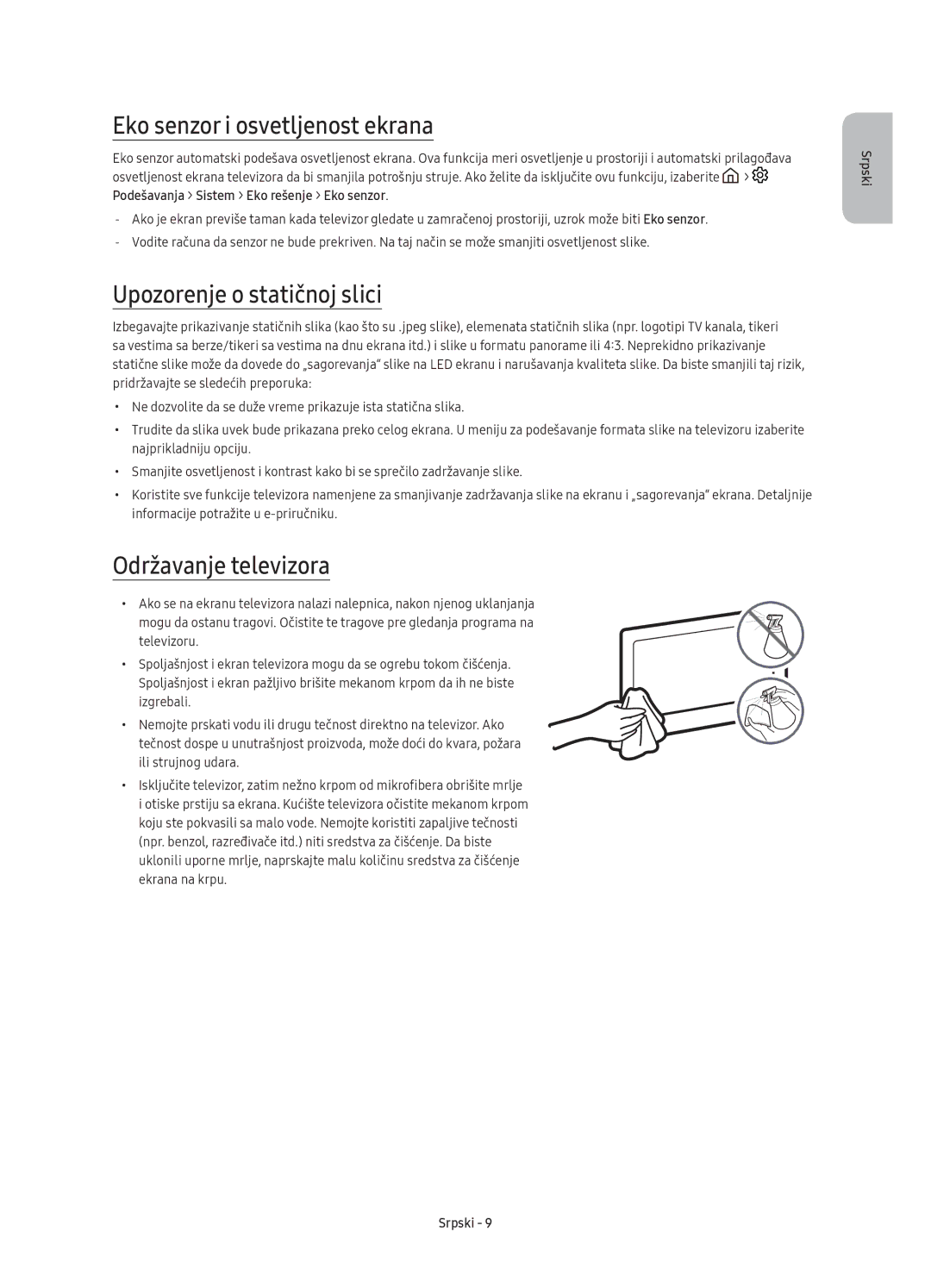 Samsung UE40K6370SSXXH manual Eko senzor i osvetljenost ekrana, Upozorenje o statičnoj slici, Održavanje televizora 