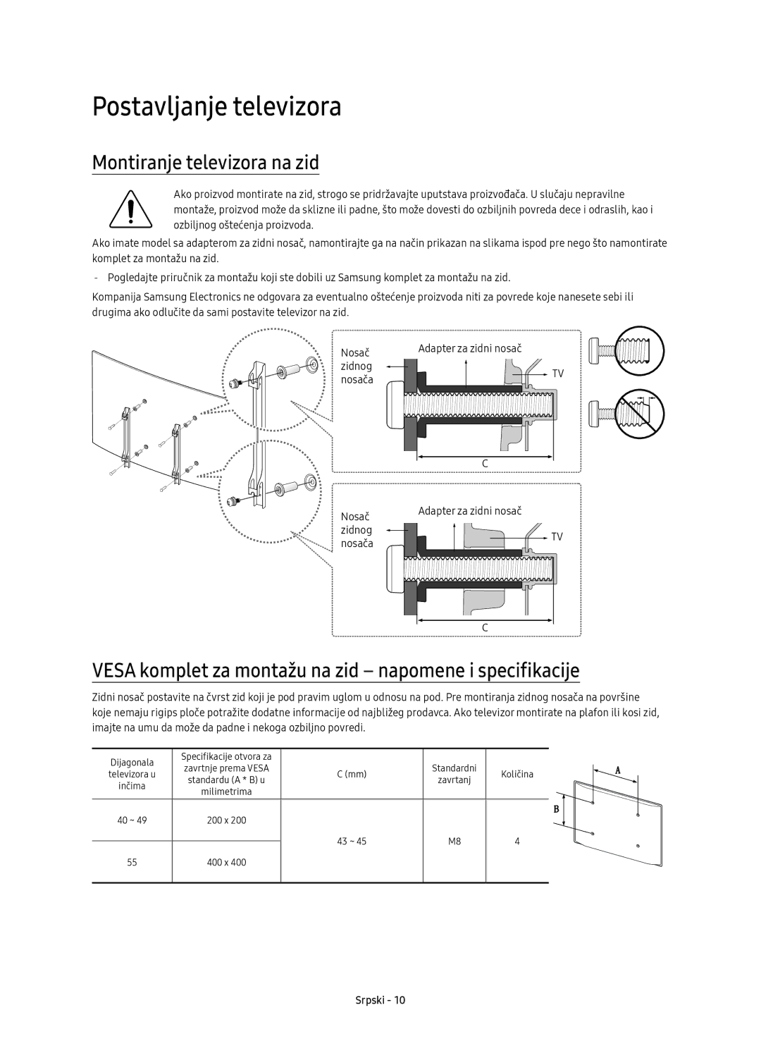 Samsung UE55K6300AWXXH manual Montiranje televizora na zid, Vesa komplet za montažu na zid napomene i specifikacije 