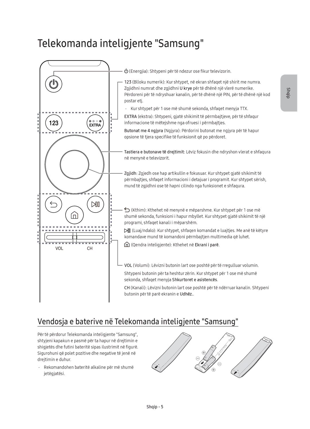 Samsung UE40K6300AWXXN, UE40K6370SSXXH, UE55K6300AWXXH manual Vendosja e baterive në Telekomanda inteligjente Samsung 