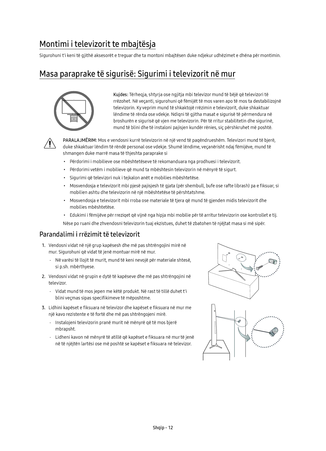 Samsung UE55K6370SSXXH manual Montimi i televizorit te mbajtësja, Masa paraprake të sigurisë Sigurimi i televizorit në mur 