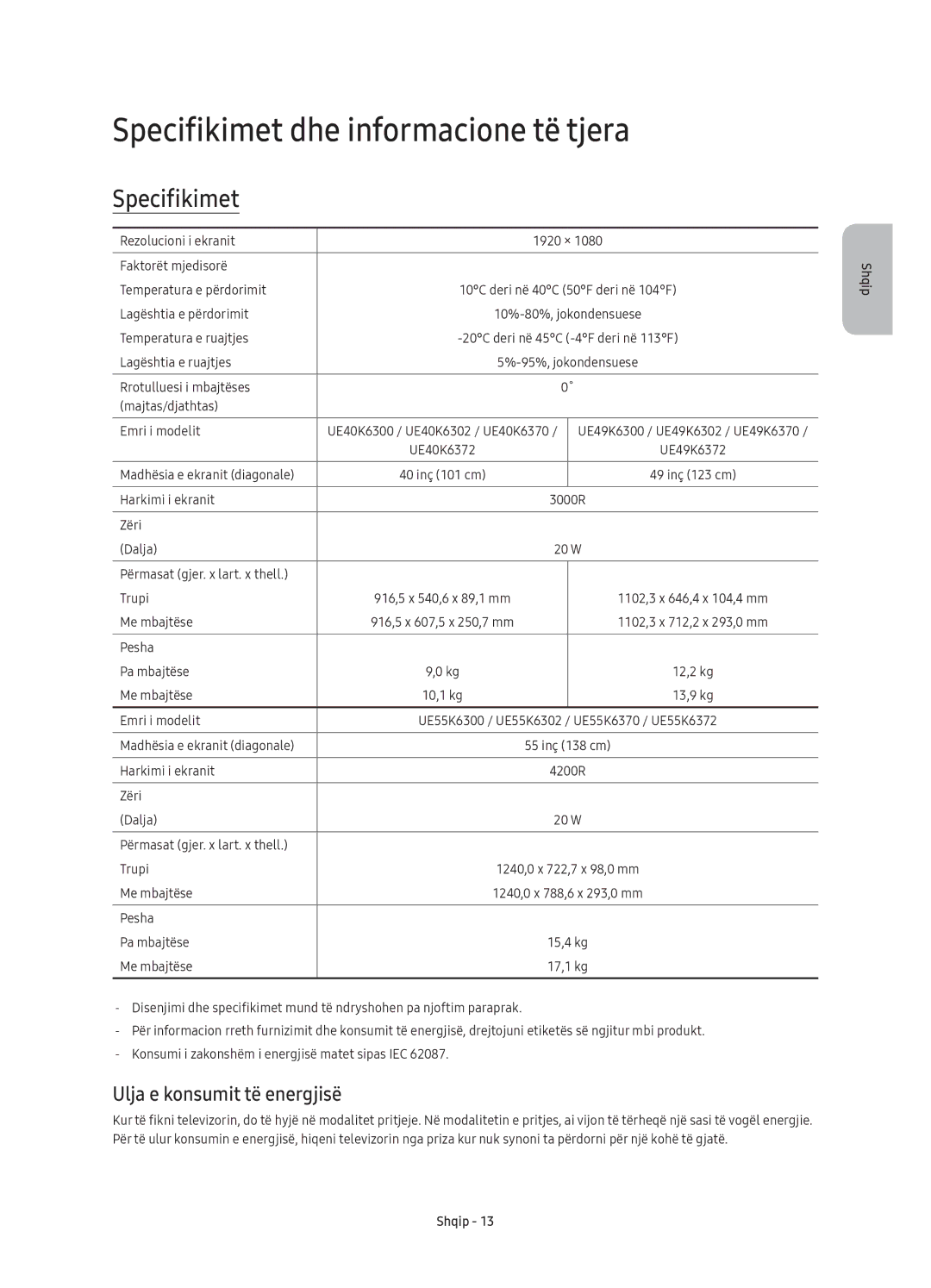 Samsung UE40K6300AWXXH, UE40K6370SSXXH, UE55K6300AWXXH Specifikimet dhe informacione të tjera, Ulja e konsumit të energjisë 