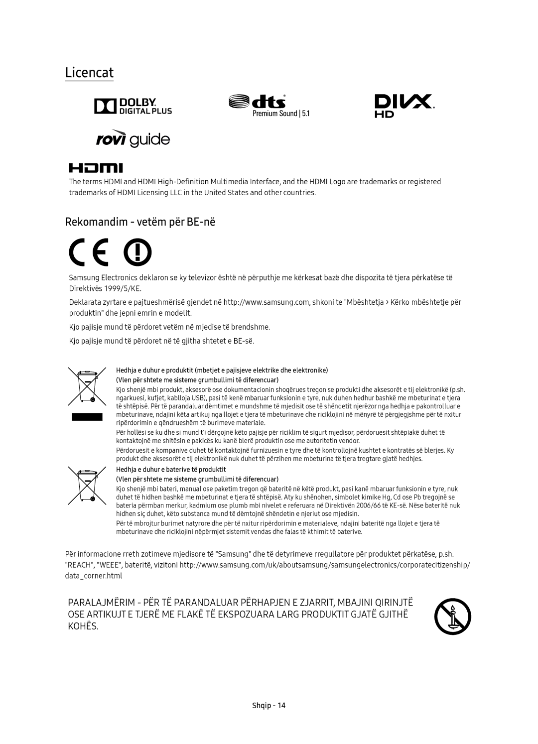 Samsung UE49K6300AWXXH, UE40K6370SSXXH, UE55K6300AWXXH, UE55K6370SSXXH, UE40K6300AWXXH Licencat, Rekomandim vetëm për BE-në 