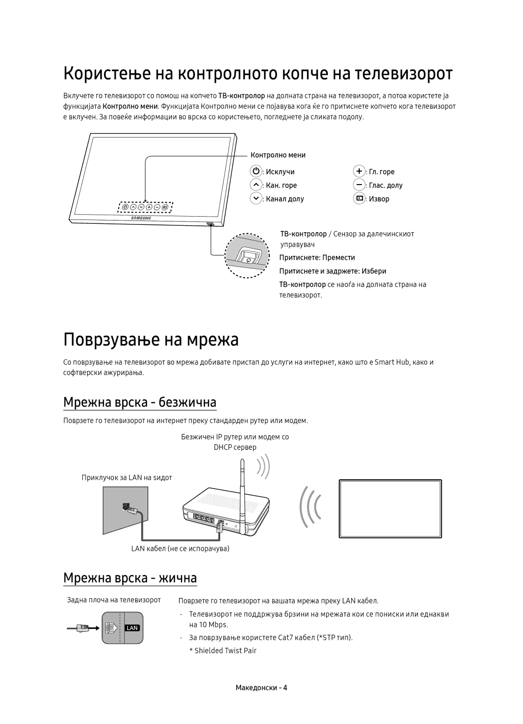 Samsung UE55K6372SUXXH, UE40K6370SSXXH, UE55K6300AWXXH manual Поврзување на мрежа, Мрежна врска безжична, Мрежна врска жична 