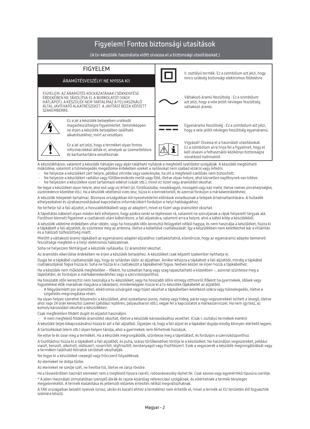 Samsung UE55K6300AWXXH, UE40K6370SSXXH, UE55K6370SSXXH, UE40K6300AWXXH manual Figyelem! Fontos biztonsági utasítások, Magyar 