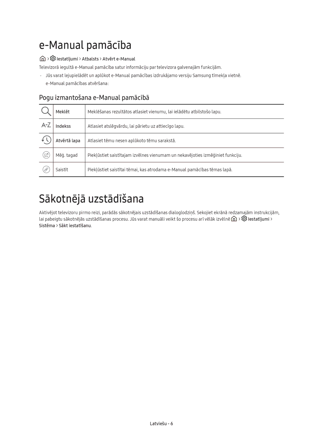 Samsung UE55K6372SUXXH, UE40K6370SSXXH manual Manual pamācība, Sākotnējā uzstādīšana, Pogu izmantošana e-Manual pamācībā 