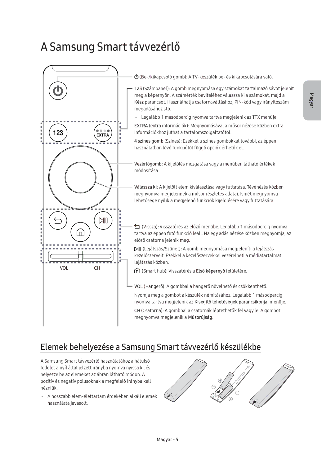 Samsung UE49K6300AWXXH, UE40K6370SSXXH, UE55K6300AWXXH manual Elemek behelyezése a Samsung Smart távvezérlő készülékbe 