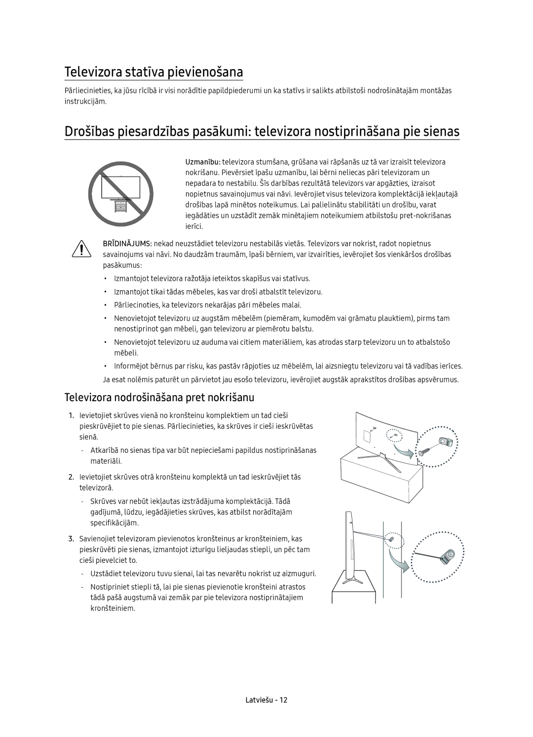 Samsung UE55K6300AWXXN, UE40K6370SSXXH manual Televizora statīva pievienošana, Televizora nodrošināšana pret nokrišanu 