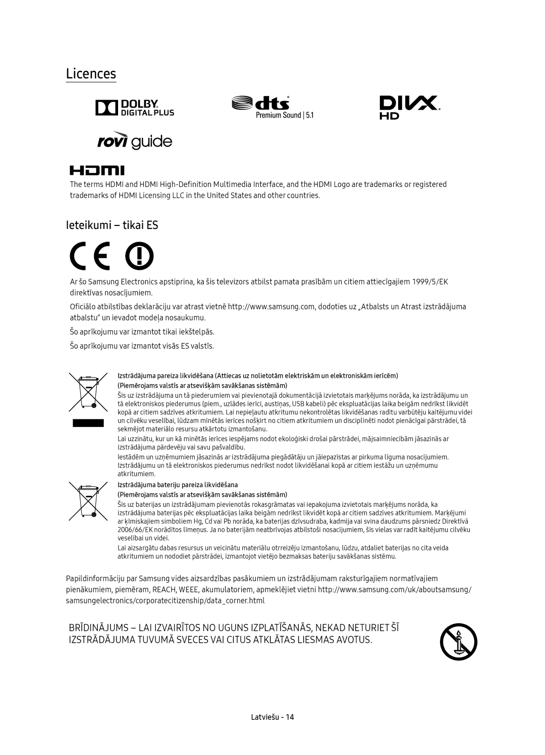 Samsung UE55K6300AWXXH, UE40K6370SSXXH, UE55K6370SSXXH, UE40K6300AWXXH, UE49K6300AWXXH manual Licences, Ieteikumi tikai ES 