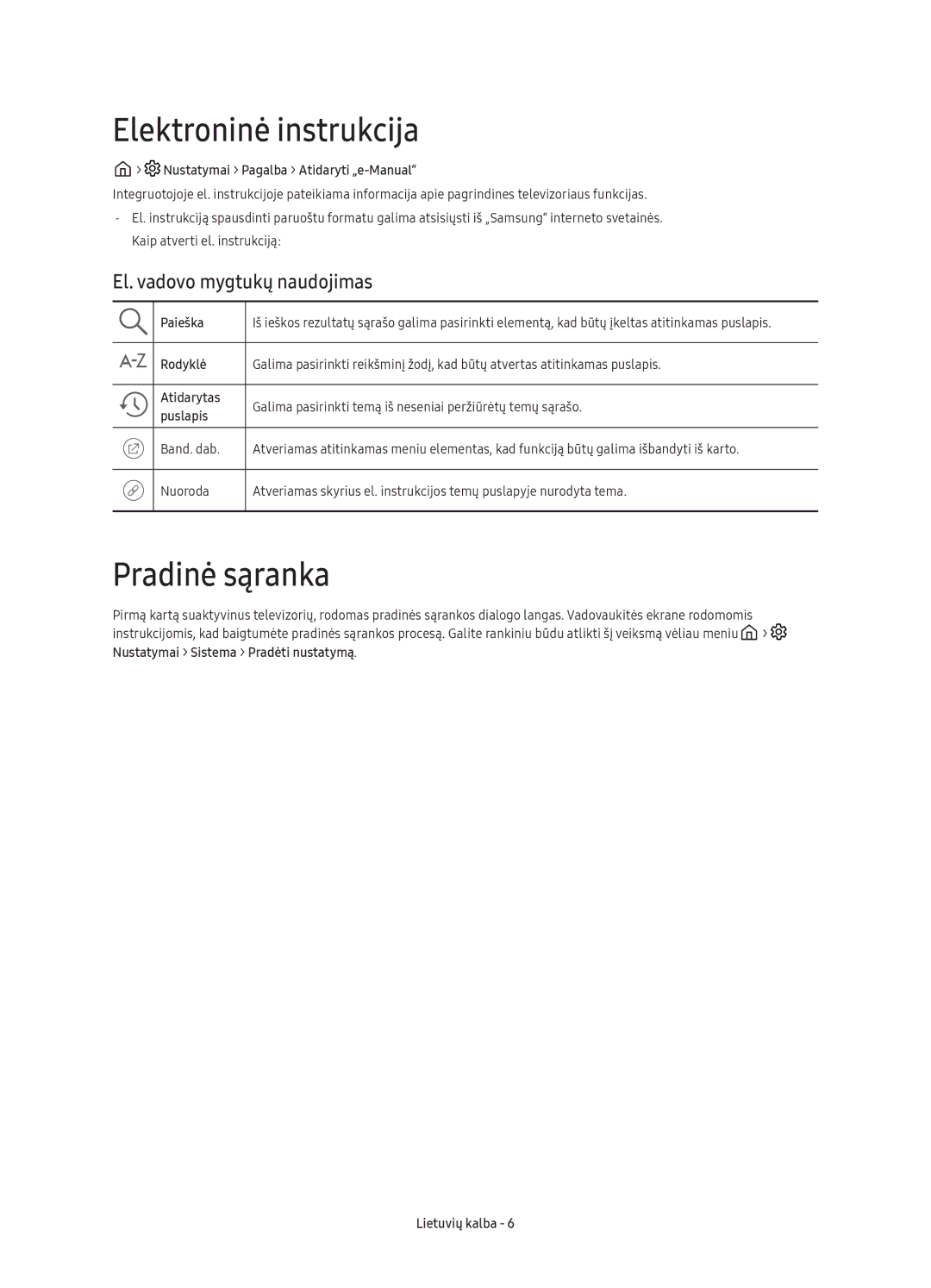 Samsung UE49K6372SUXXH, UE40K6370SSXXH manual Elektroninė instrukcija, Pradinė sąranka, El. vadovo mygtukų naudojimas 