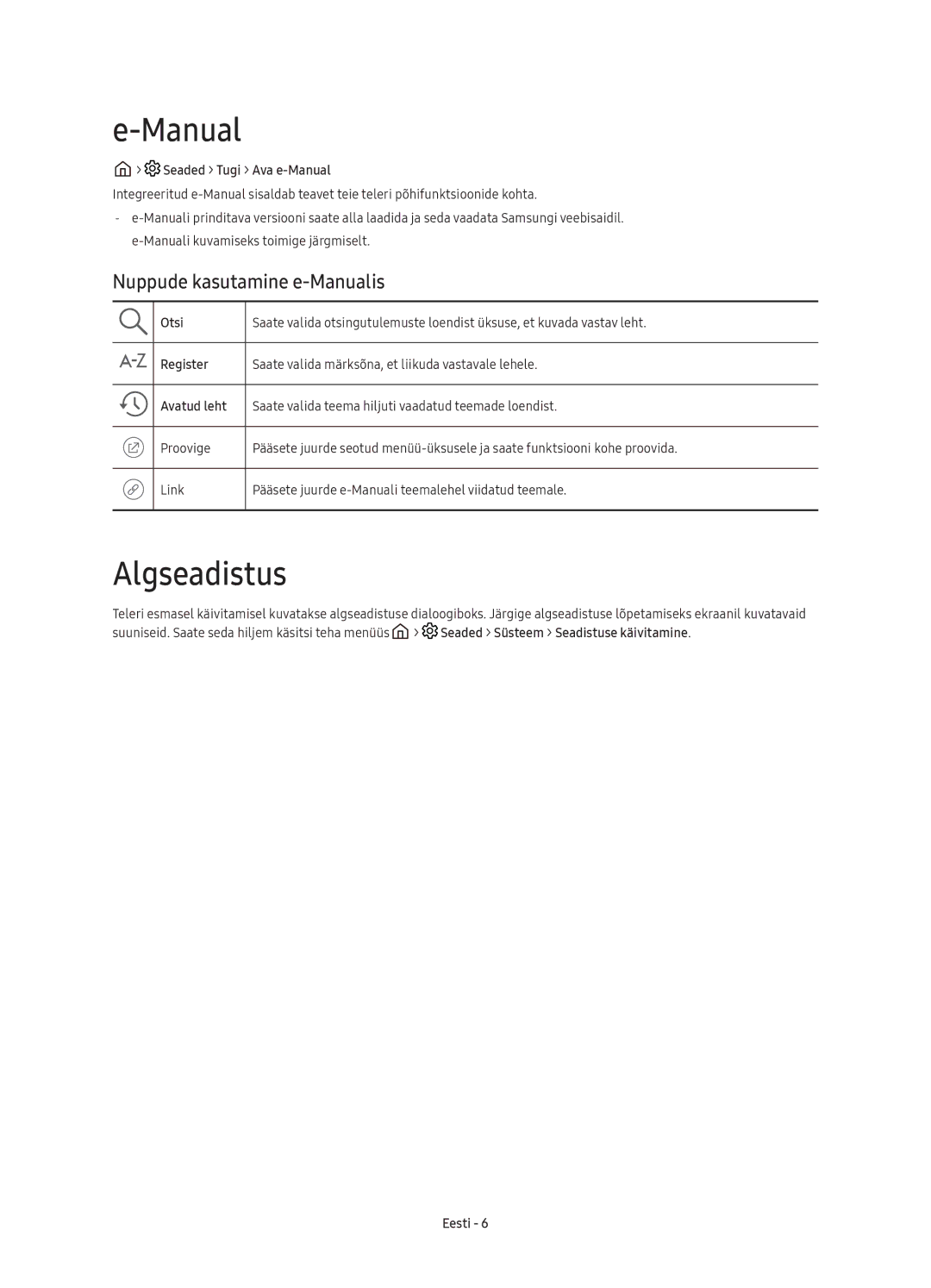 Samsung UE49K6300AWXXN, UE40K6370SSXXH manual Algseadistus, Nuppude kasutamine e-Manualis, Seaded Tugi Ava e-Manual 