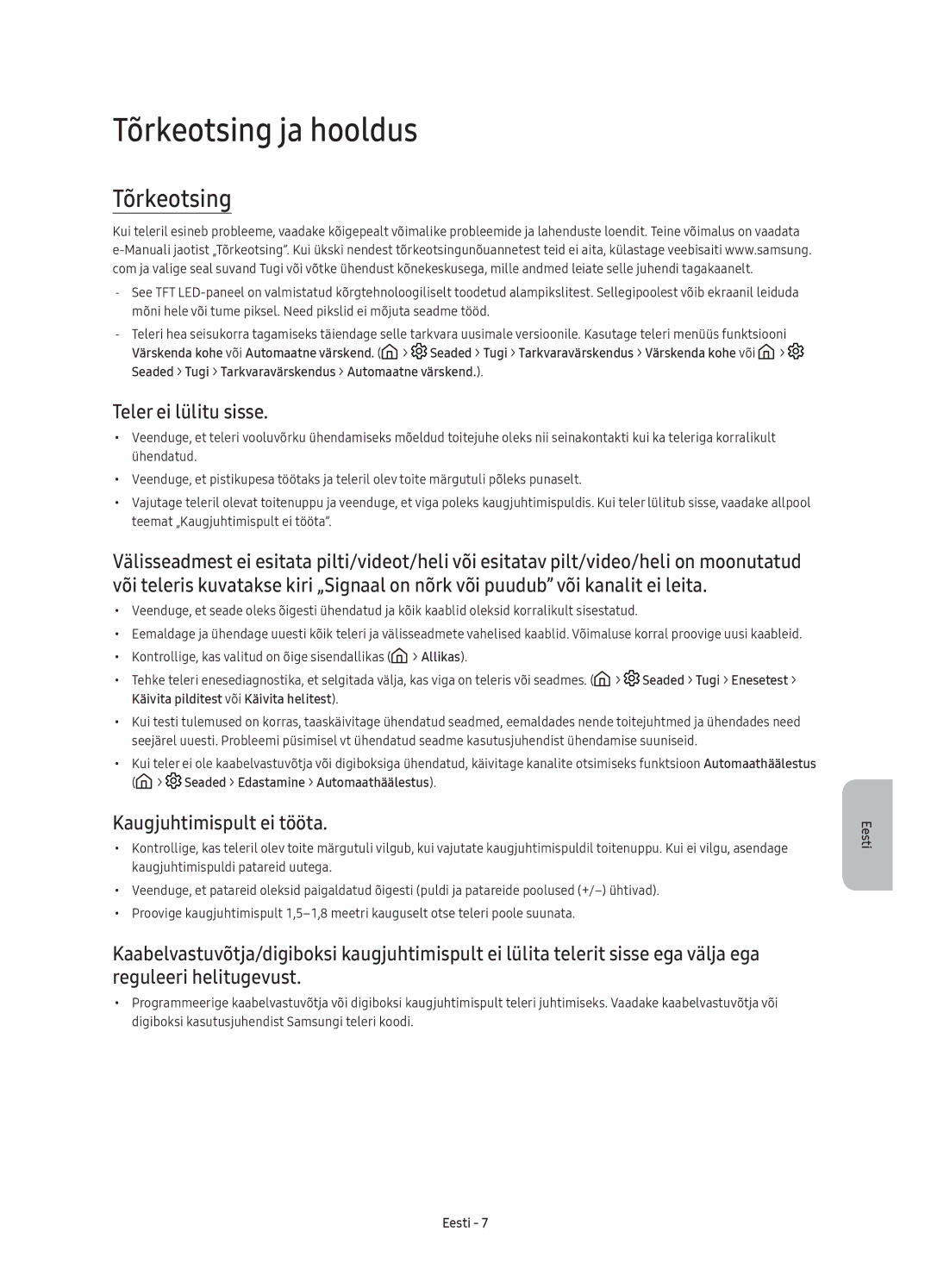 Samsung UE49K6372SUXXH, UE40K6370SSXXH manual Tõrkeotsing ja hooldus, Teler ei lülitu sisse, Kaugjuhtimispult ei tööta 