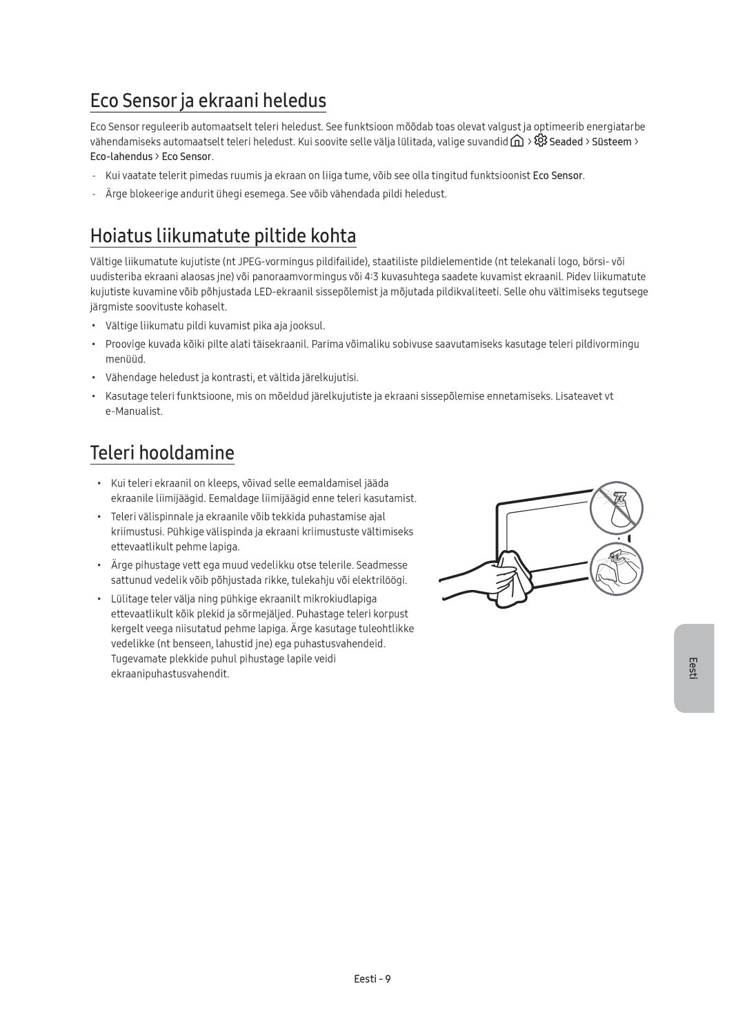 Samsung UE40K6372SUXXH, UE40K6370SSXXH Eco Sensor ja ekraani heledus, Hoiatus liikumatute piltide kohta, Teleri hooldamine 