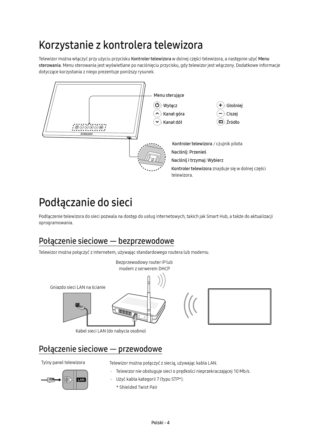 Samsung UE55K6370SSXXH manual Korzystanie z kontrolera telewizora, Podłączanie do sieci, Połączenie sieciowe bezprzewodowe 