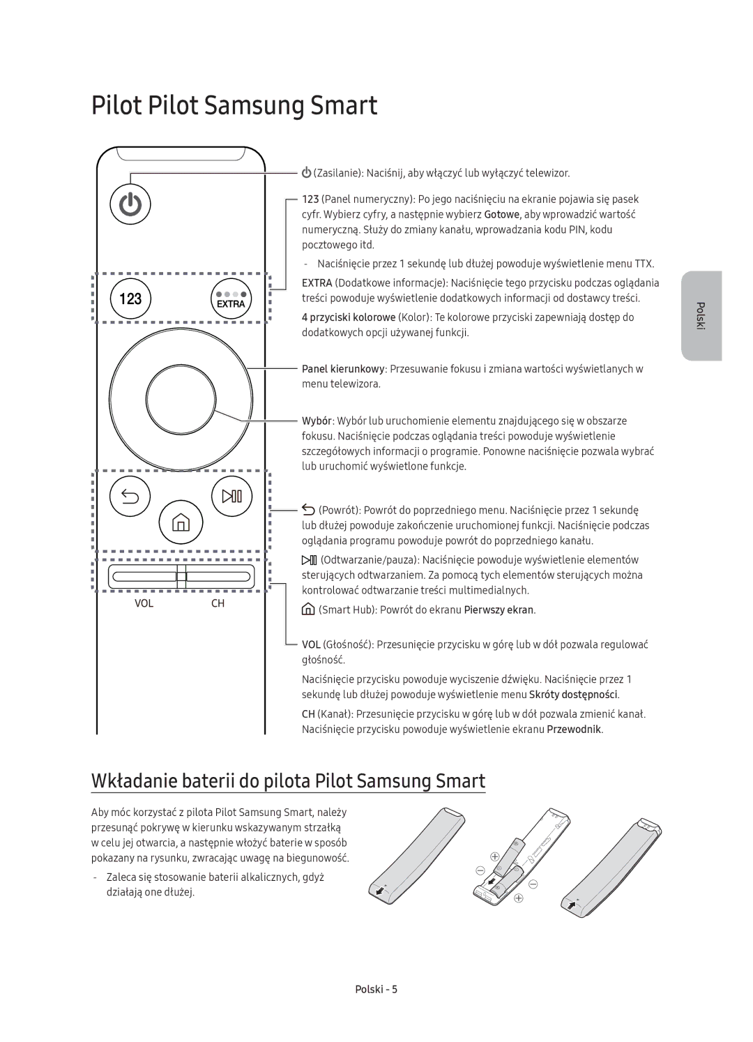 Samsung UE40K6300AWXXH, UE40K6370SSXXH manual Pilot Pilot Samsung Smart, Wkładanie baterii do pilota Pilot Samsung Smart 