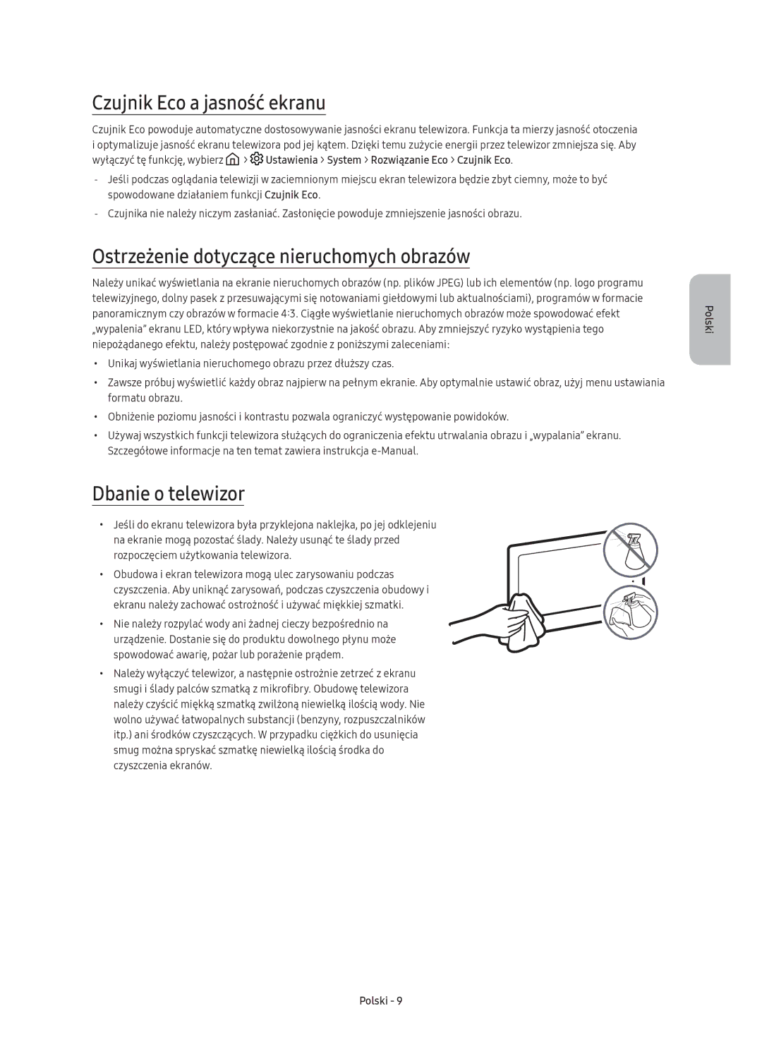 Samsung UE49K6372SUXXH manual Czujnik Eco a jasność ekranu, Ostrzeżenie dotyczące nieruchomych obrazów, Dbanie o telewizor 