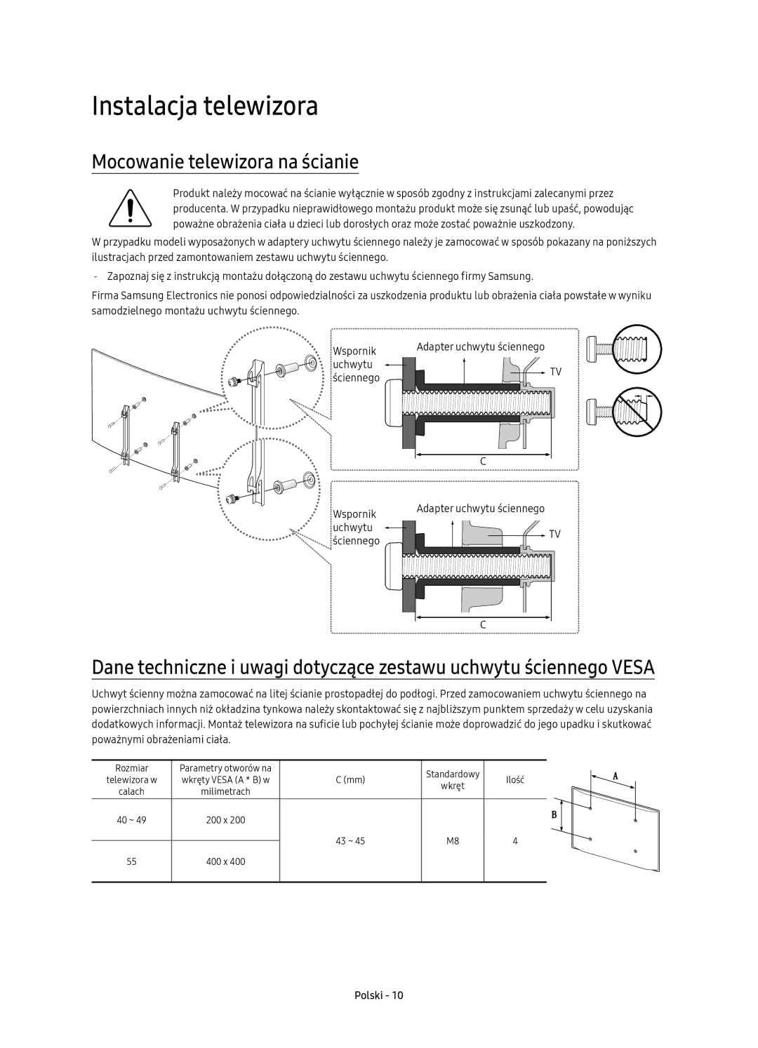 Samsung UE55K6372SUXXH, UE40K6370SSXXH, UE55K6300AWXXH manual Instalacja telewizora, Mocowanie telewizora na ścianie 