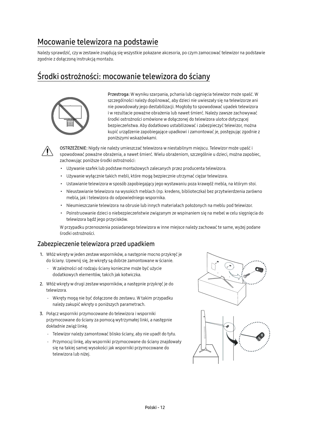 Samsung UE40K6300AWXXN manual Mocowanie telewizora na podstawie, Środki ostrożności mocowanie telewizora do ściany 