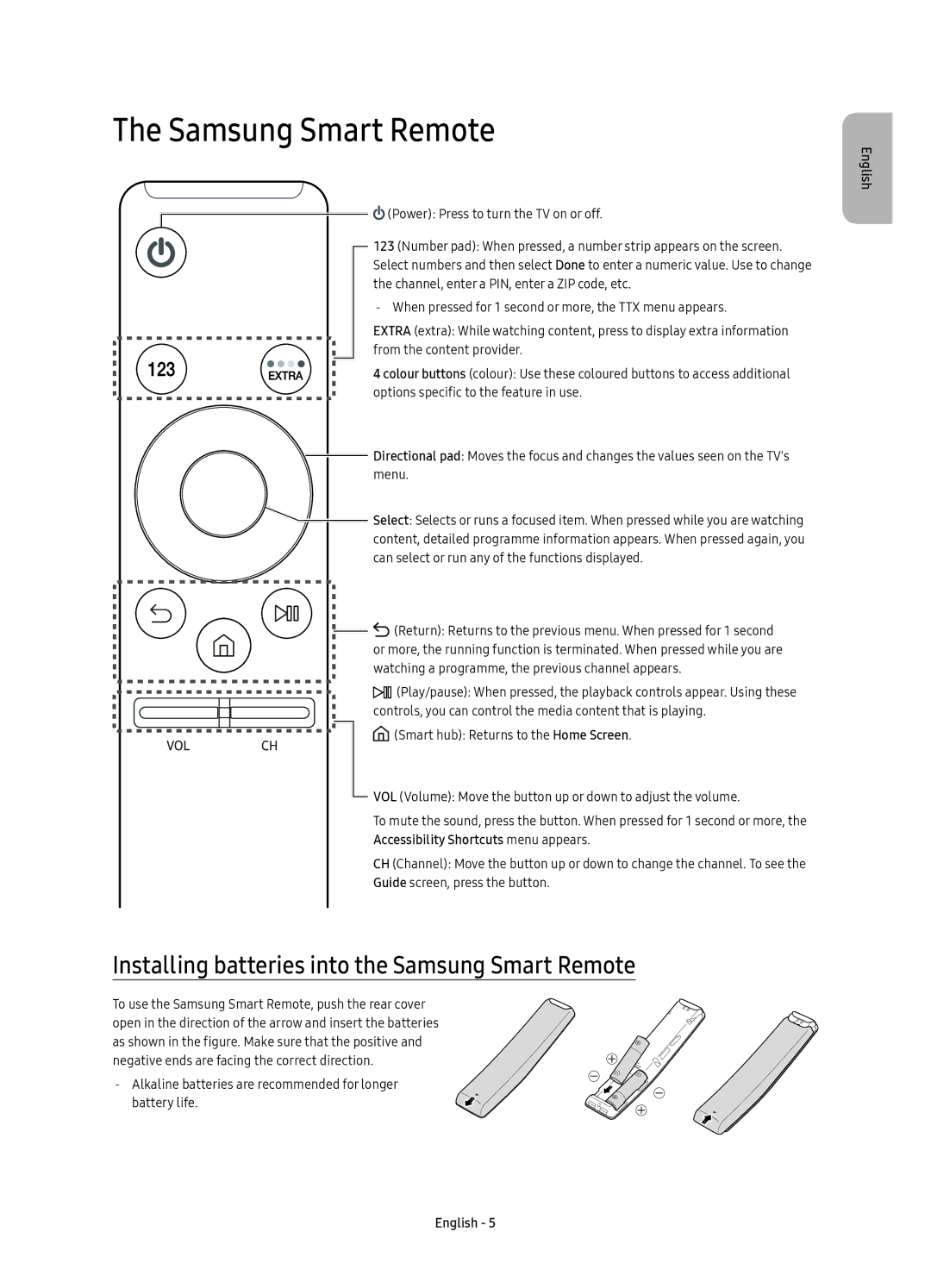 Samsung UE49K6370SSXXH manual Installing batteries into the Samsung Smart Remote, Accessibility Shortcuts menu appears 