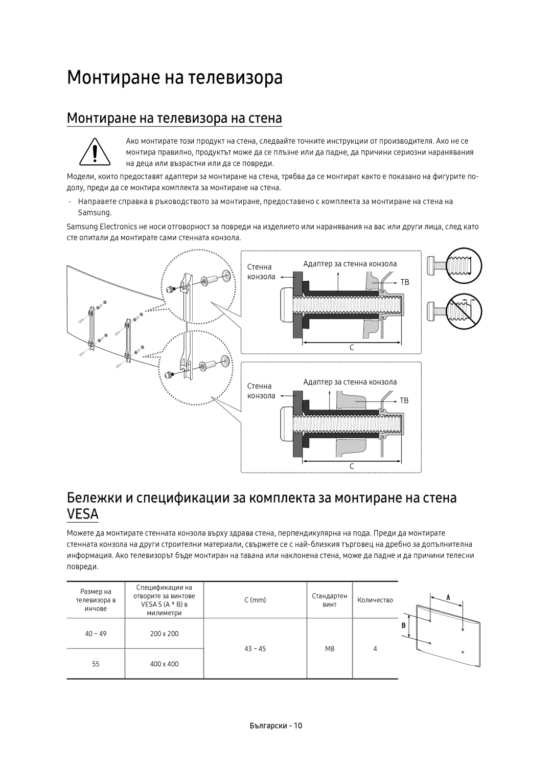 Samsung UE49K6300AWXXN Монтиране на телевизора на стена, Бележки и спецификации за комплекта за монтиране на стена 