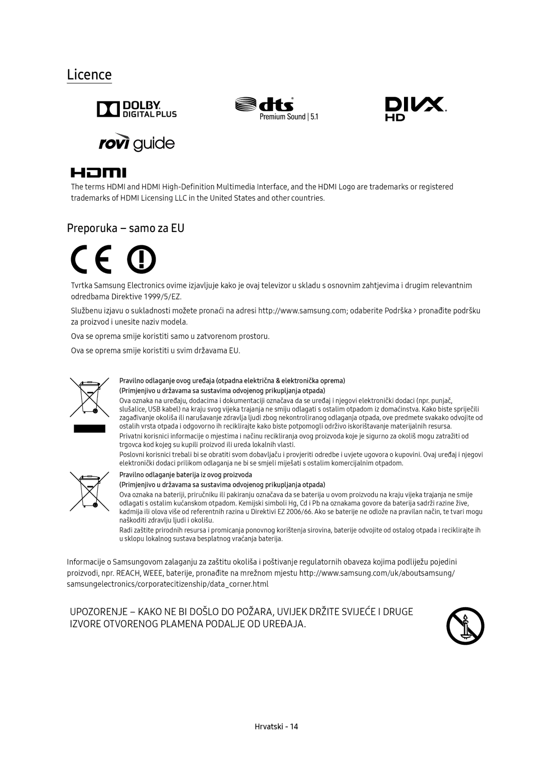 Samsung UE40K6372SUXXH, UE40K6370SSXXH, UE55K6300AWXXH, UE55K6370SSXXH, UE40K6300AWXXH manual Licence, Preporuka samo za EU 