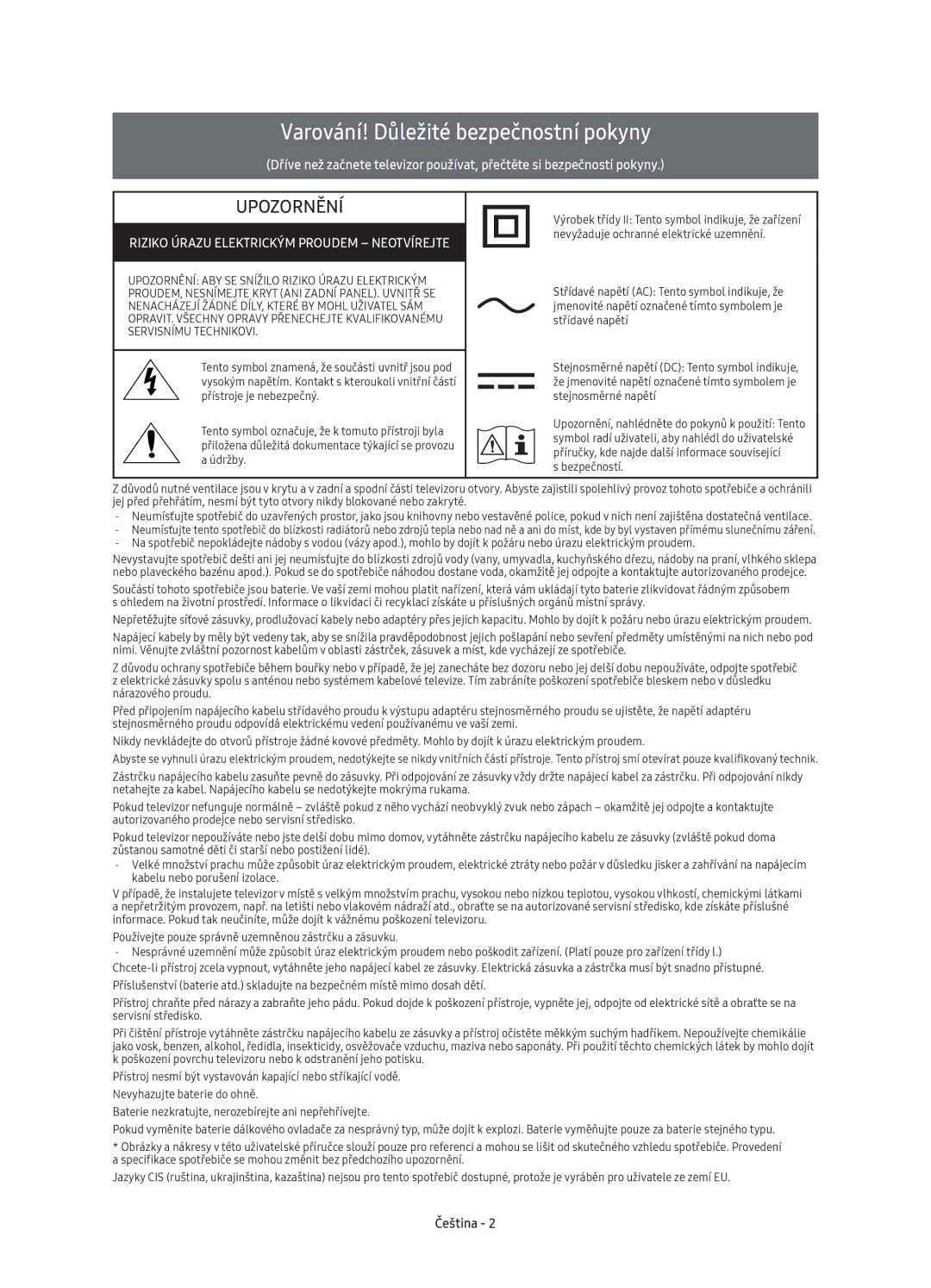 Samsung UE55K6370SSXXN, UE40K6370SSXXH, UE55K6300AWXXH, UE55K6370SSXXH manual Varování! Důležité bezpečnostní pokyny, Čeština 