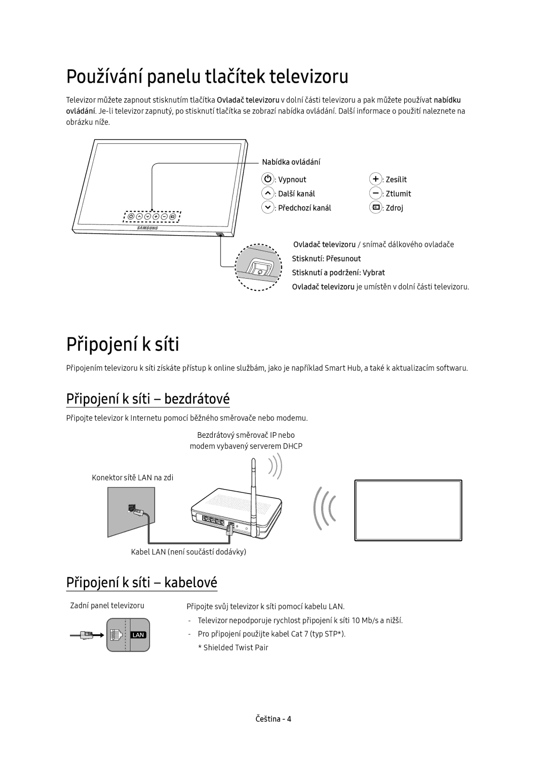 Samsung UE49K6370SSXXN Používání panelu tlačítek televizoru, Připojení k síti bezdrátové, Připojení k síti kabelové 