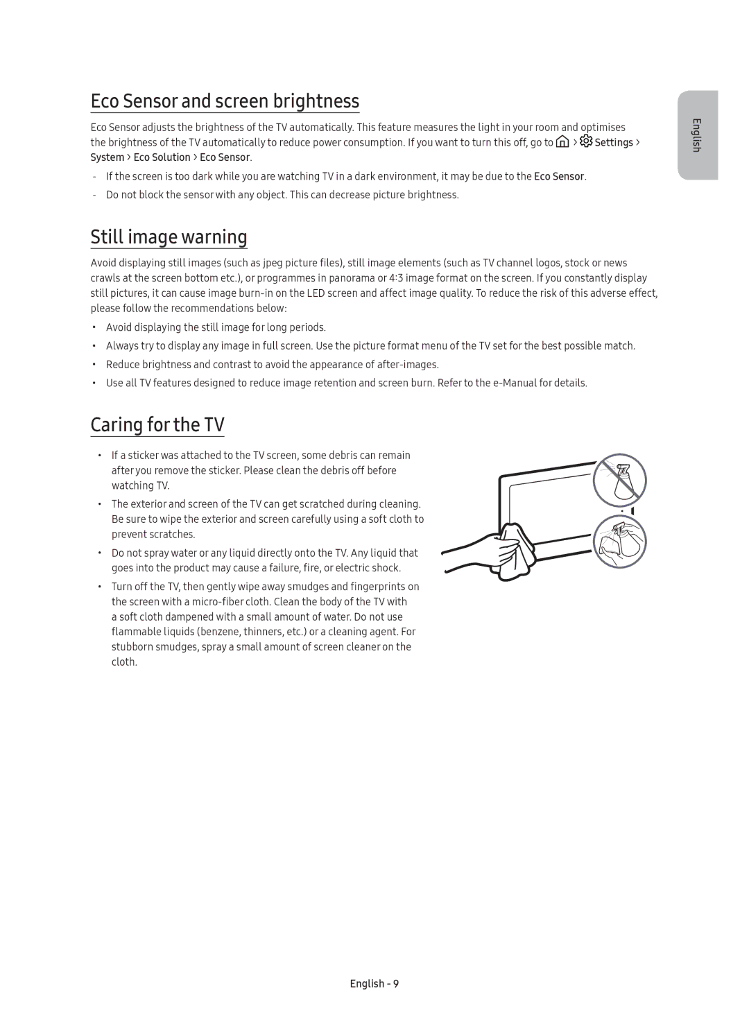 Samsung UE40K6372SUXXH, UE40K6370SSXXH manual Eco Sensor and screen brightness, Still image warning, Caring for the TV 