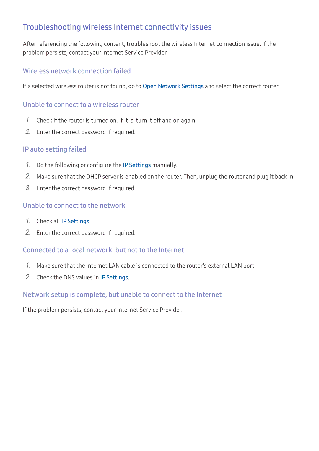 Samsung UE55K5679SUXZG manual Troubleshooting wireless Internet connectivity issues, Wireless network connection failed 