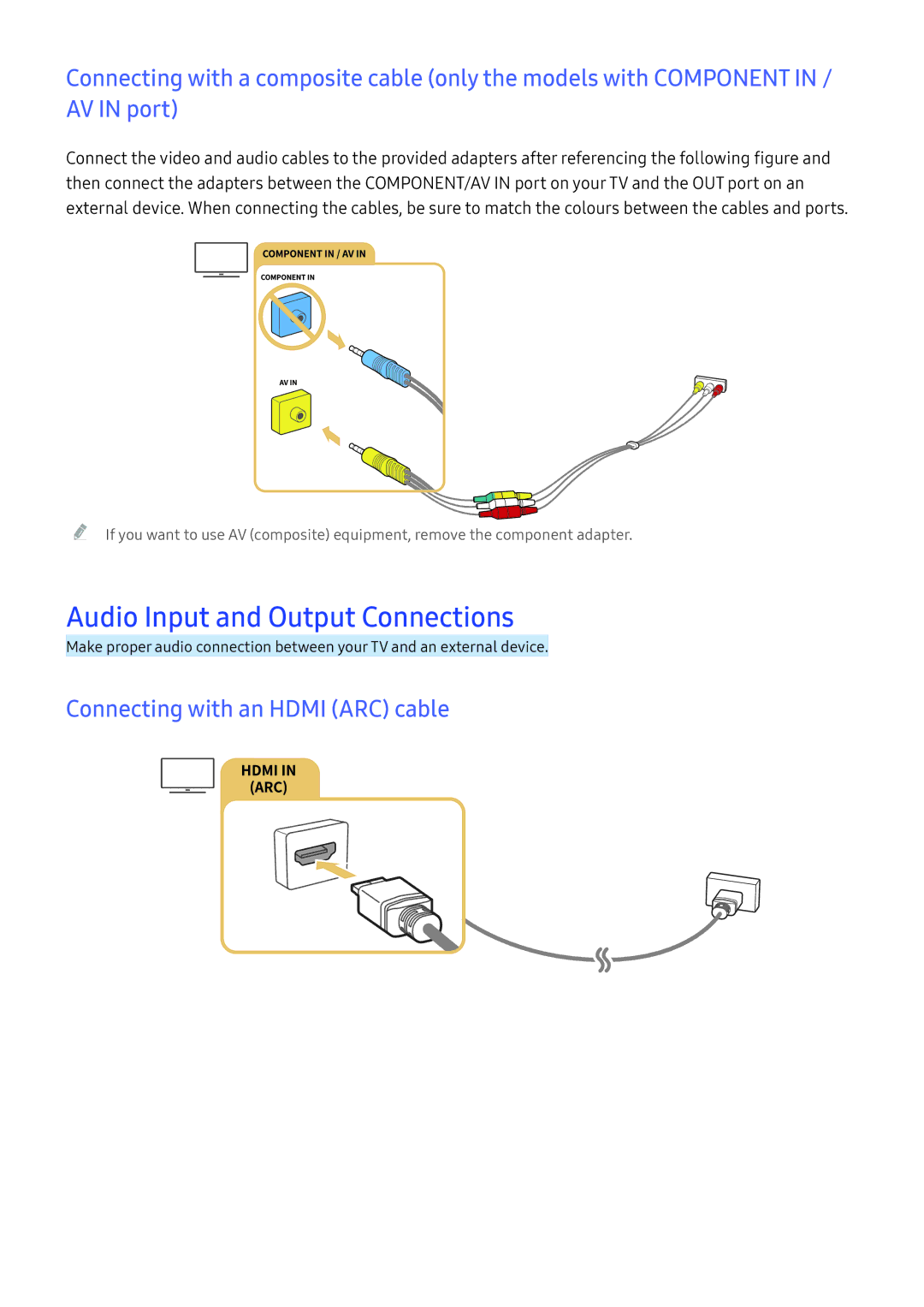 Samsung UE55K6379SUXZG, UE40K6379SUXZG manual Audio Input and Output Connections, Connecting with an Hdmi ARC cable 