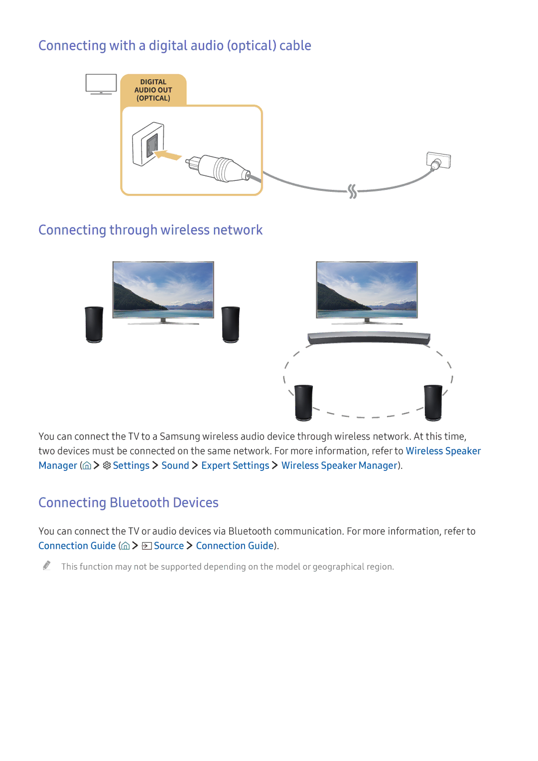 Samsung UE55K5579SUXZG, UE40K6379SUXZG manual Connecting Bluetooth Devices, Connection Guide Source Connection Guide 