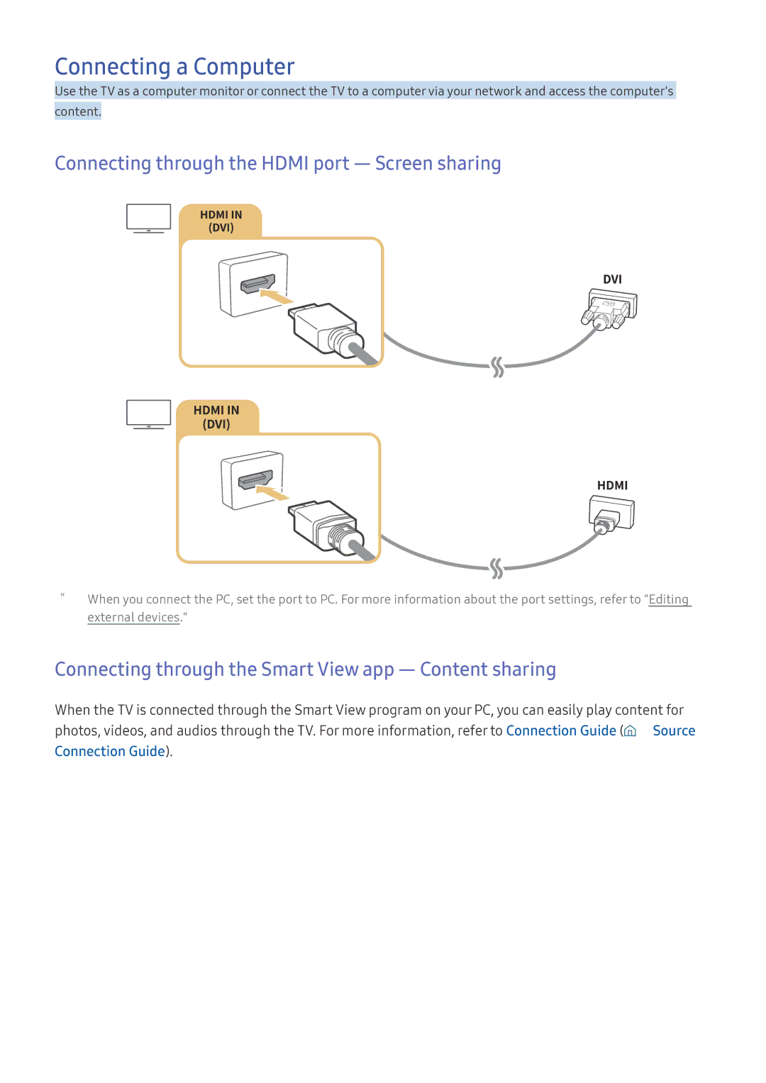 Samsung UE55K5179SSXZG, UE40K6379SUXZG manual Connecting a Computer, Connecting through the Hdmi port ― Screen sharing 