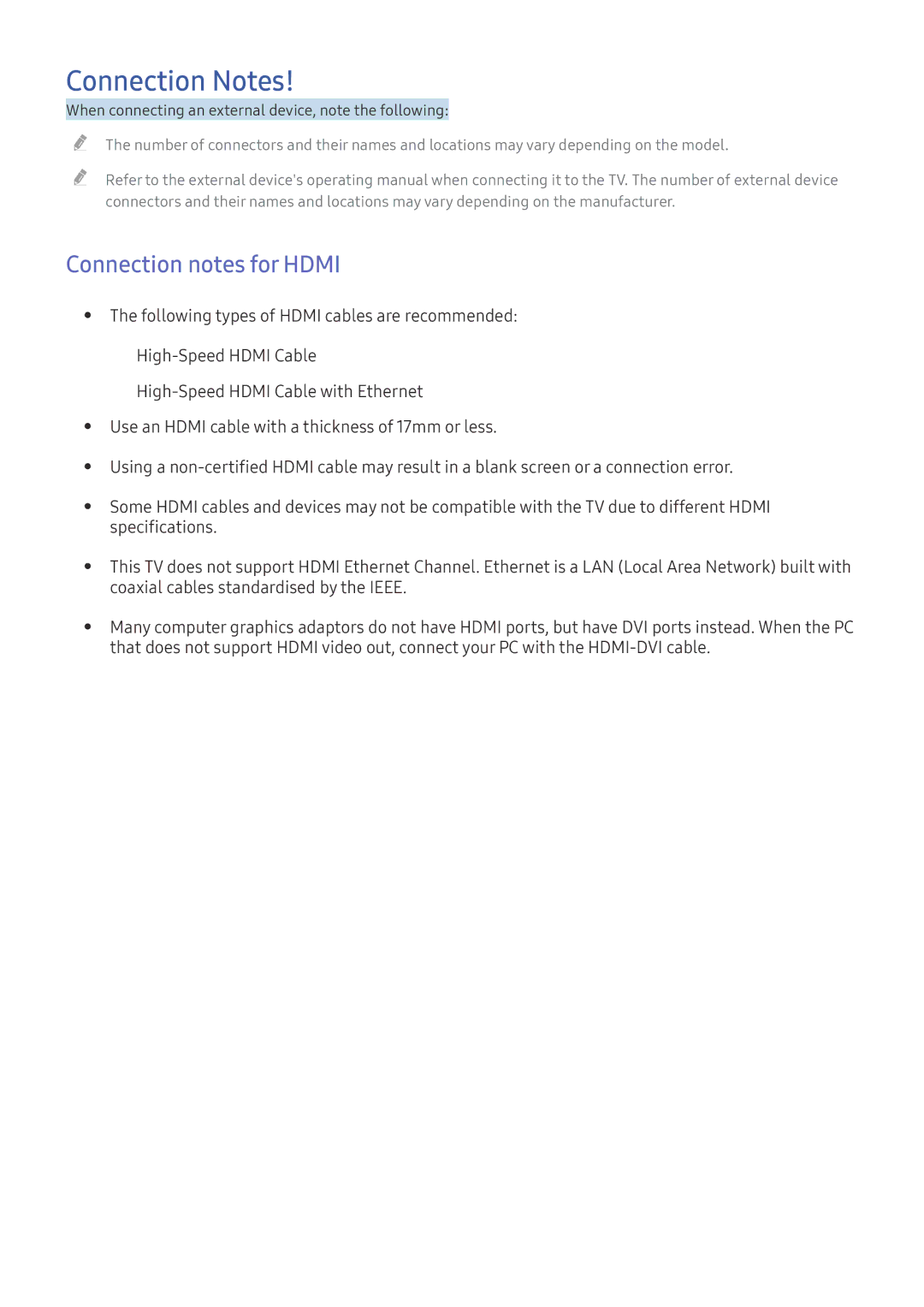 Samsung UE32K5659SUXZG, UE40K6379SUXZG, UE40K5659SUXZG, UE40K5579SUXZG manual Connection Notes, Connection notes for Hdmi 