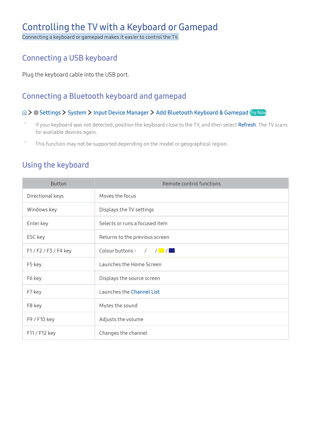 Samsung UE49K5510AWXXH manual Controlling the TV with a Keyboard or Gamepad, Connecting a USB keyboard, Using the keyboard 