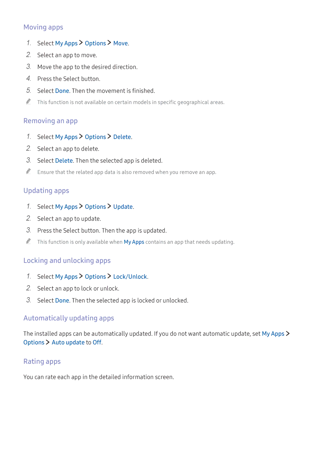 Samsung UE40K6370SUXZG manual Moving apps, Removing an app, Updating apps, Locking and unlocking apps, Rating apps 