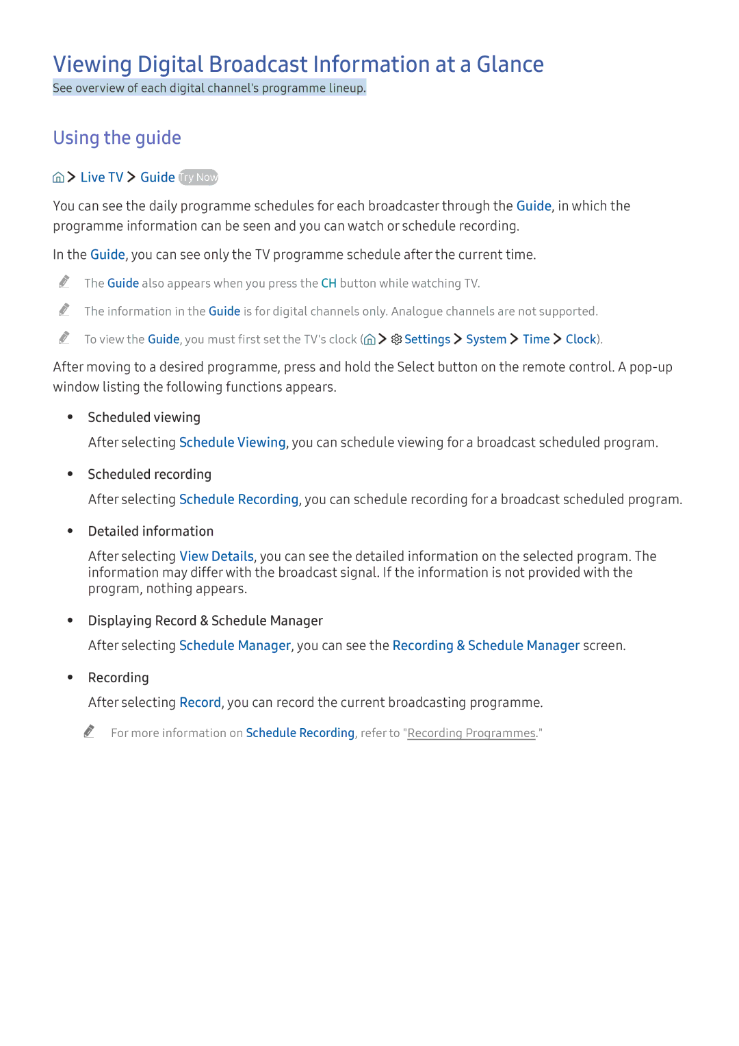 Samsung UE49K5500AWXXH manual Viewing Digital Broadcast Information at a Glance, Using the guide, Live TV Guide Try Now 