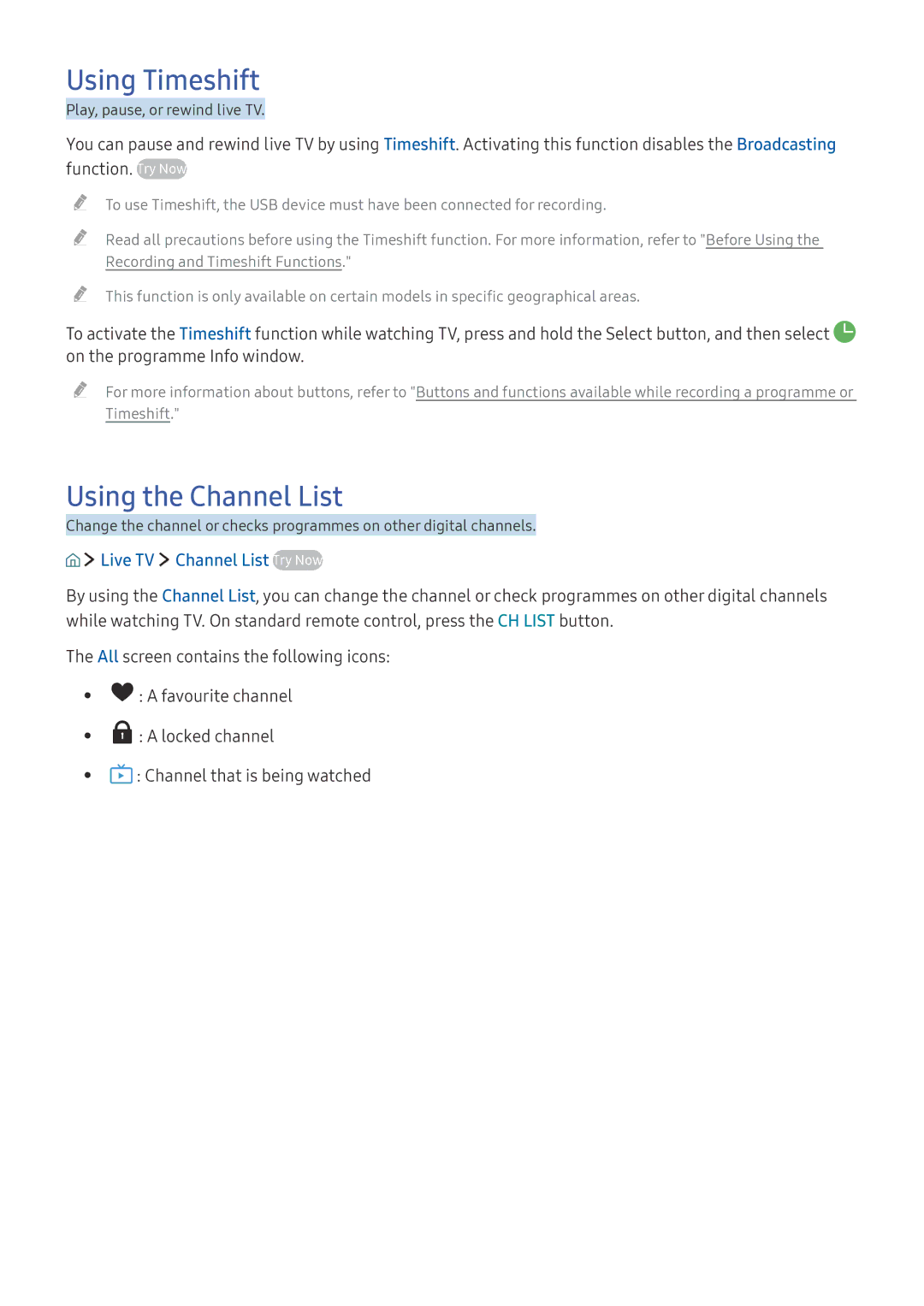 Samsung UE55K6370SUXZG, UE40K6379SUXZG manual Using Timeshift, Using the Channel List, Live TV Channel List Try Now 