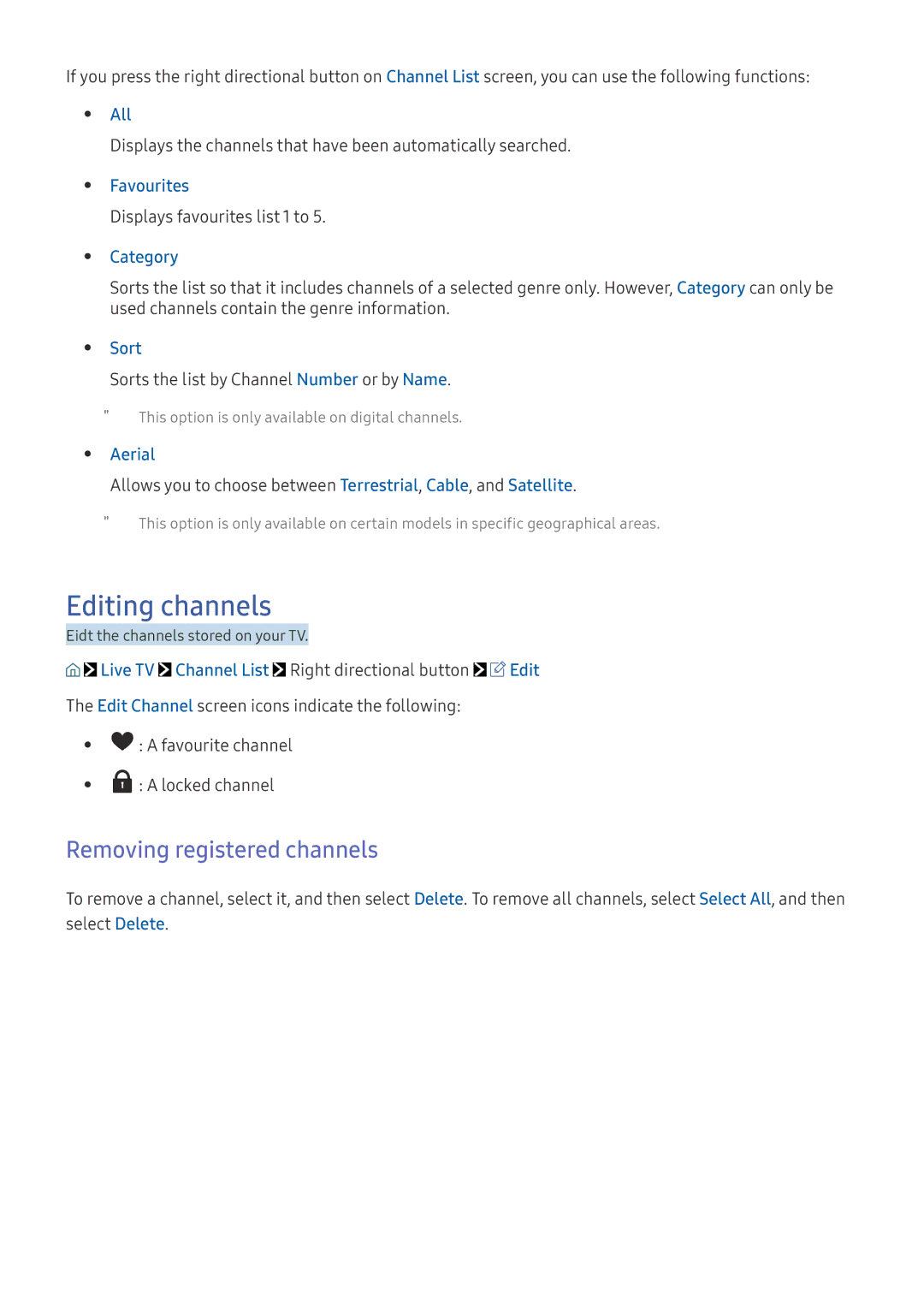 Samsung UE49K6300AWXXH, UE40K6379SUXZG, UE40K5659SUXZG, UE40K5579SUXZG manual Editing channels, Removing registered channels 