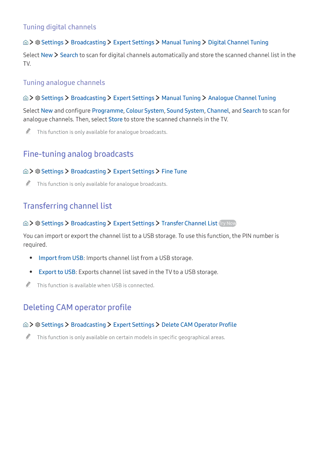 Samsung UE49K6300AKXZF manual Fine-tuning analog broadcasts, Transferring channel list, Deleting CAM operator profile 