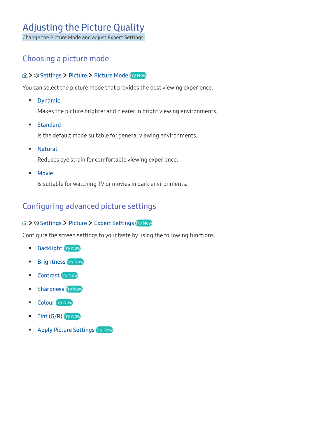 Samsung UE49K5600AKXZF manual Adjusting the Picture Quality, Choosing a picture mode, Configuring advanced picture settings 