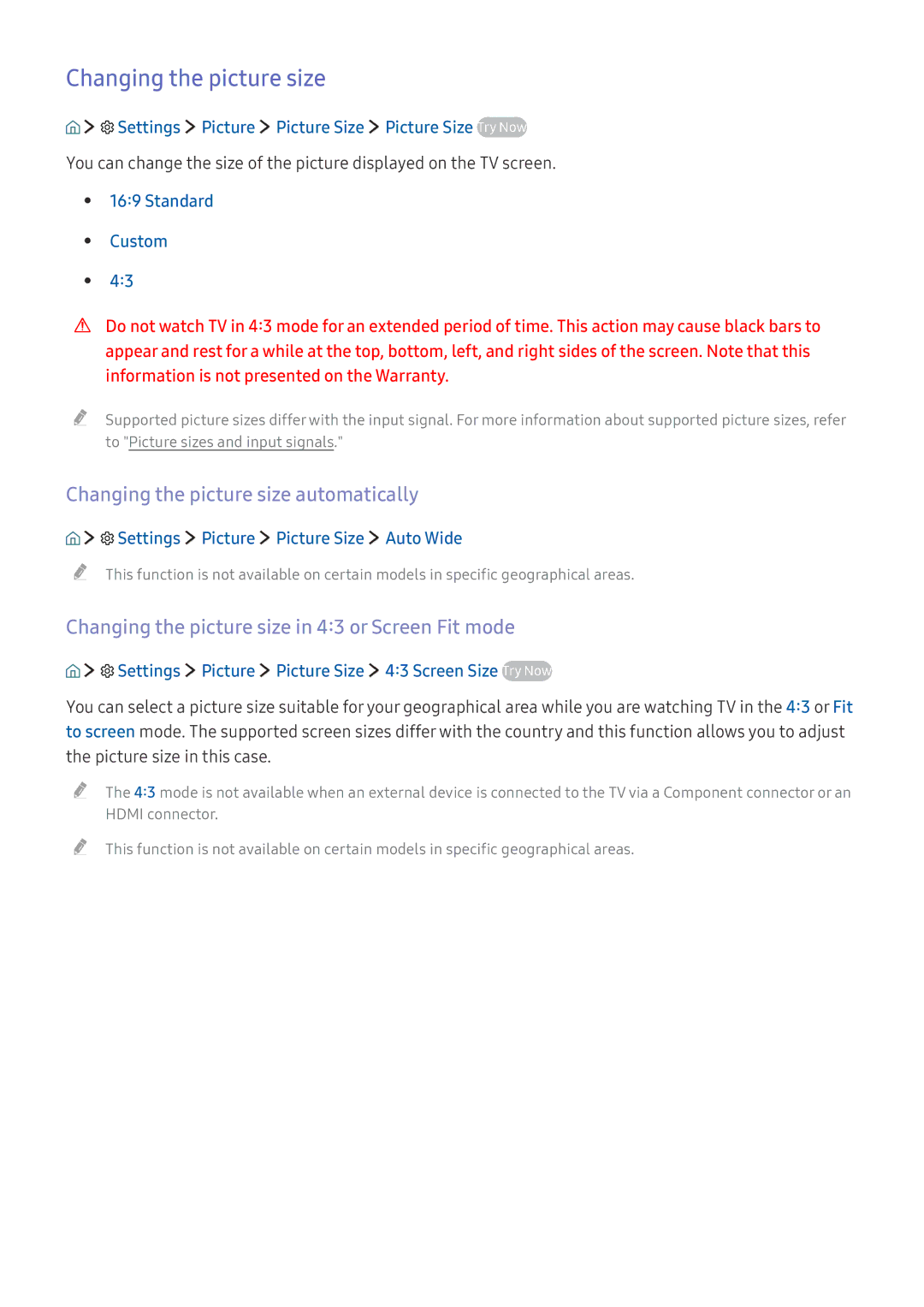 Samsung UE40K6370SUXZF Changing the picture size automatically, Changing the picture size in 43 or Screen Fit mode 