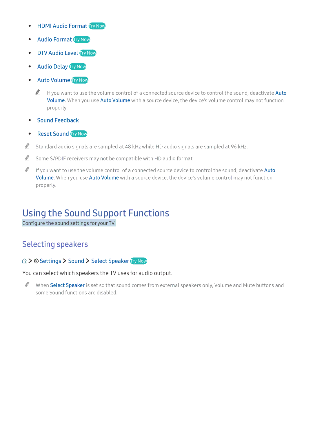 Samsung UE49K6370SUXZF, UE40K6379SUXZG, UE40K5659SUXZG, UE40K5579SUXZG Using the Sound Support Functions, Selecting speakers 