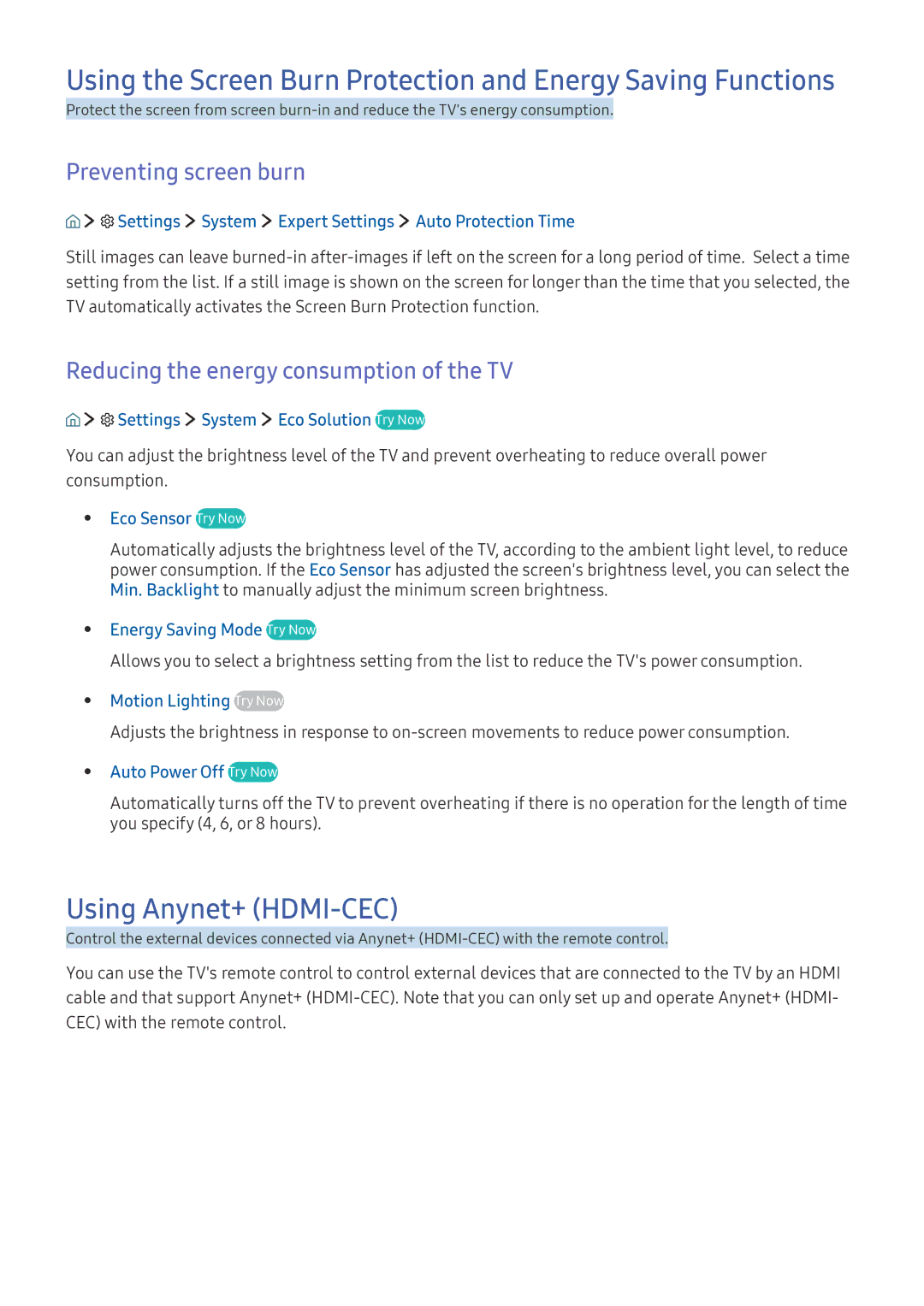 Samsung UE49K5500AKXZF manual Using Anynet+ HDMI-CEC, Preventing screen burn, Reducing the energy consumption of the TV 