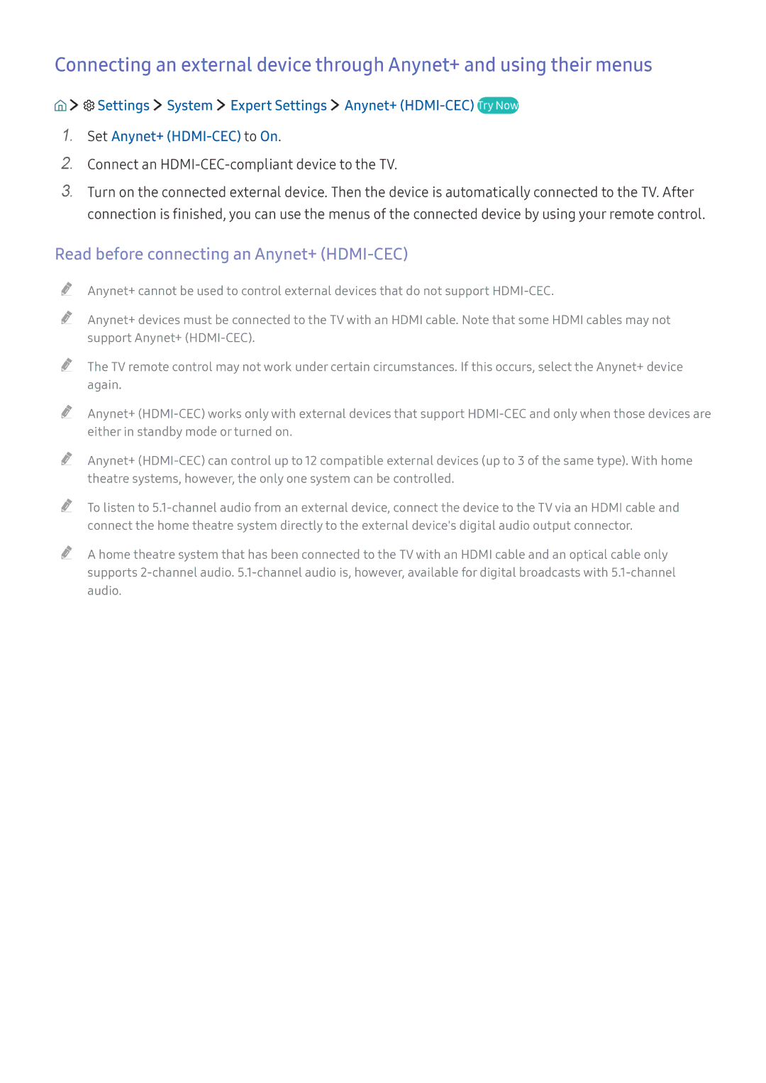 Samsung UE40K6300AKXZF manual Read before connecting an Anynet+ HDMI-CEC, Connect an HDMI-CEC-compliant device to the TV 