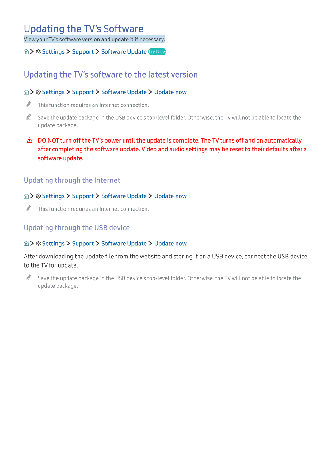 Samsung UE55K5500AWXXN, UE40K6379SUXZG manual Updating the TV’s Software, Updating the TV’s software to the latest version 