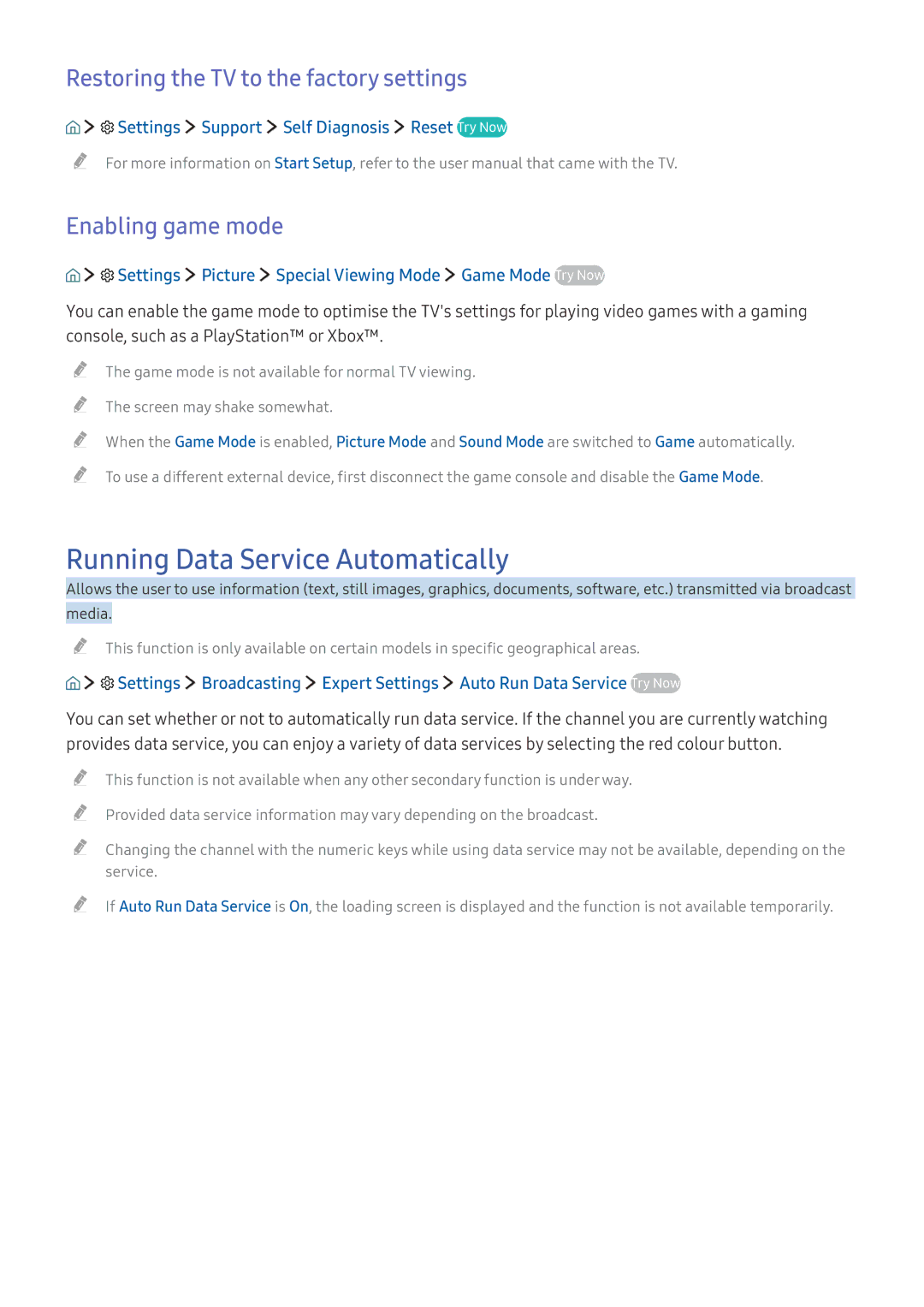 Samsung UE55K6300AKXZT Running Data Service Automatically, Restoring the TV to the factory settings, Enabling game mode 