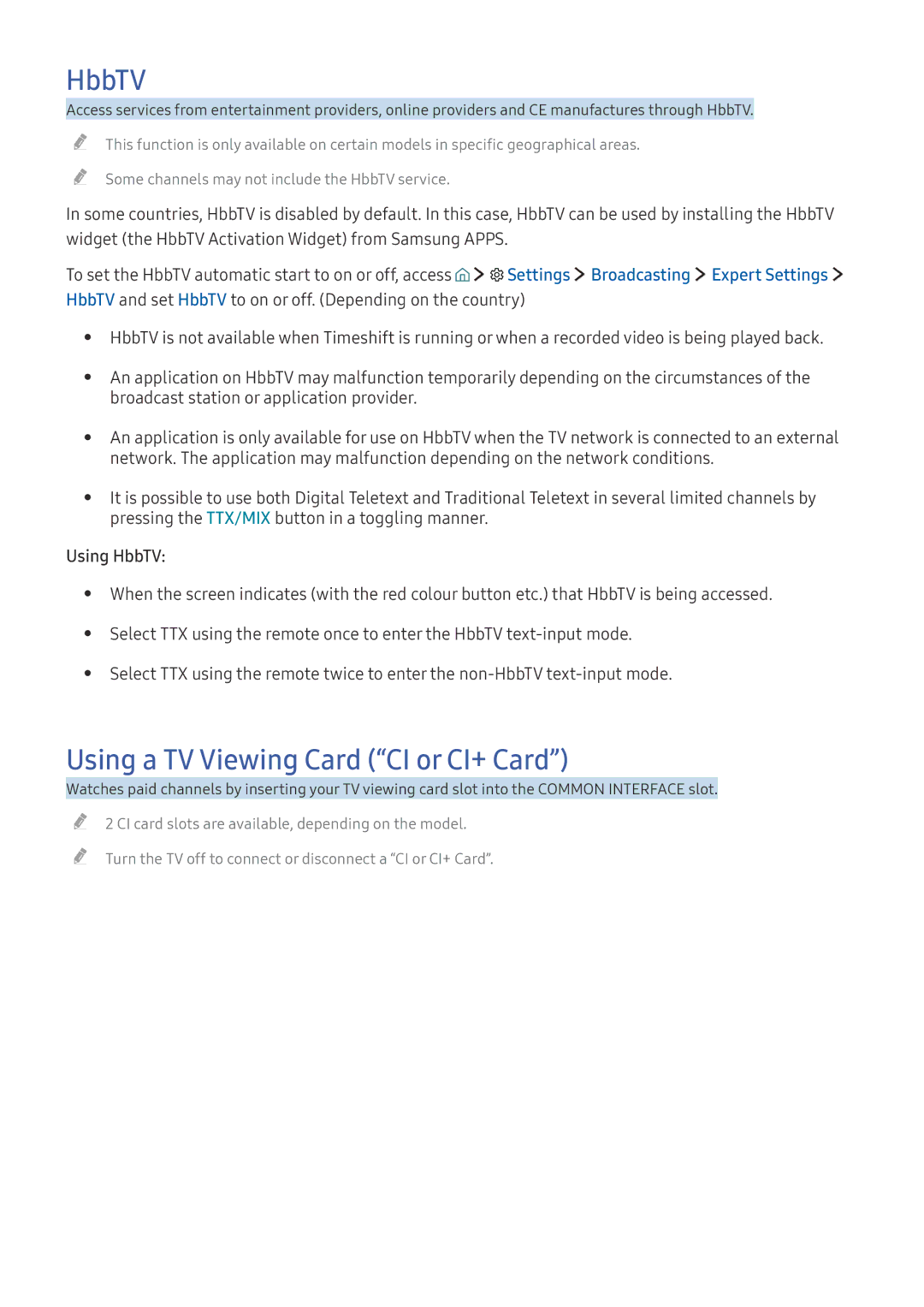 Samsung UE55K5607AKXZT manual HbbTV, Using a TV Viewing Card CI or CI+ Card, Settings Broadcasting Expert Settings 