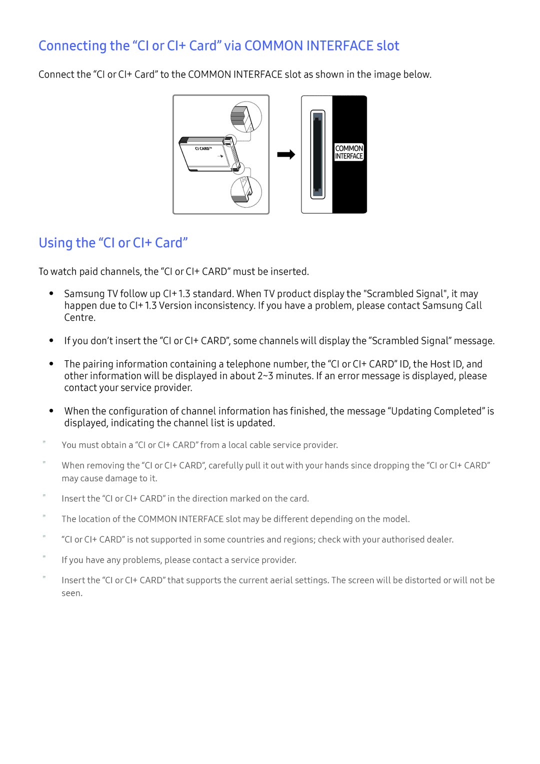 Samsung UE55K5510AKXZT, UE40K6379SUXZG Connecting the CI or CI+ Card via Common Interface slot, Using the CI or CI+ Card 