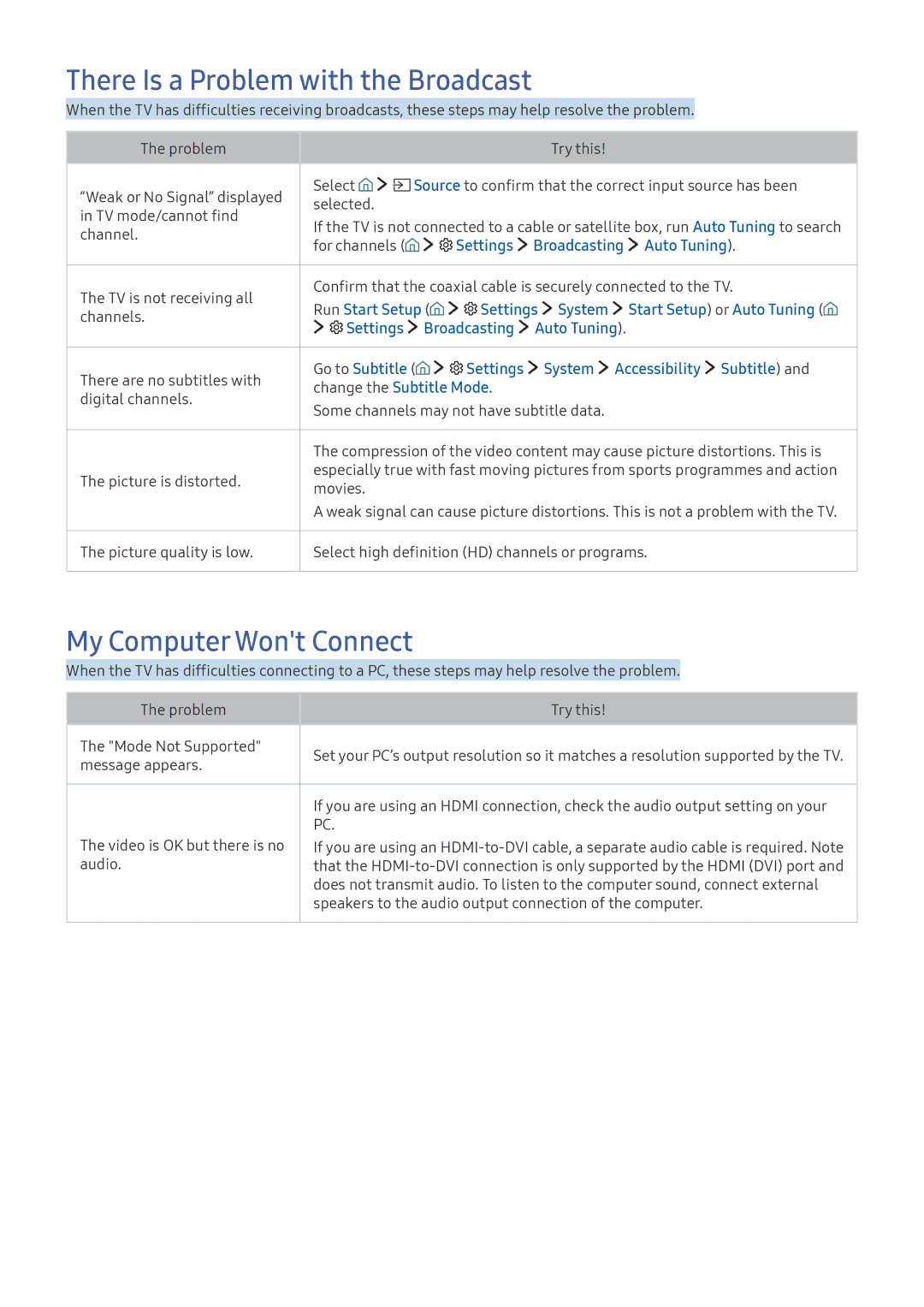 Samsung UE55K5500AKXZT, UE40K6379SUXZG, UE40K5659SUXZG manual There Is a Problem with the Broadcast, My Computer Wont Connect 