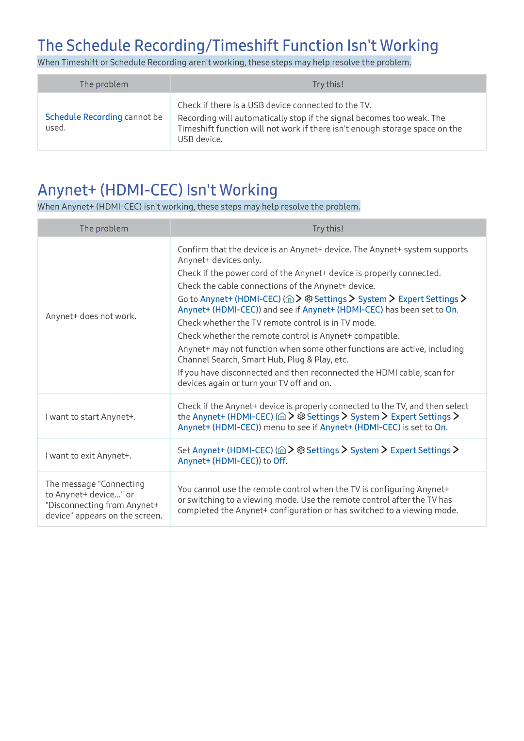 Samsung UE40K5500AKXZT, UE40K6379SUXZG Schedule Recording/Timeshift Function Isnt Working, Anynet+ HDMI-CEC Isnt Working 